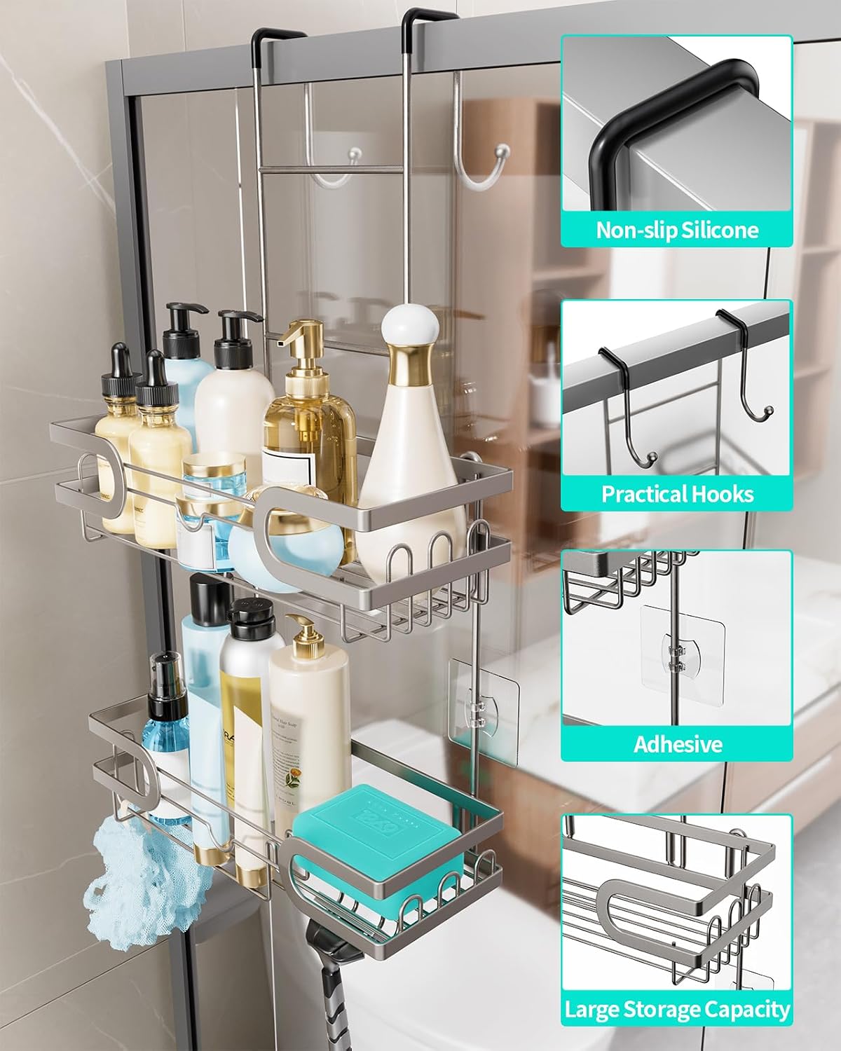 HapiRm Shower Caddy over Door- Hanging Shower Organizer with 14 Hooks and Soap Holder, Rustproof & Waterproof Stainless Steel Bathroom Shelf - Brushed Nickel image 2
