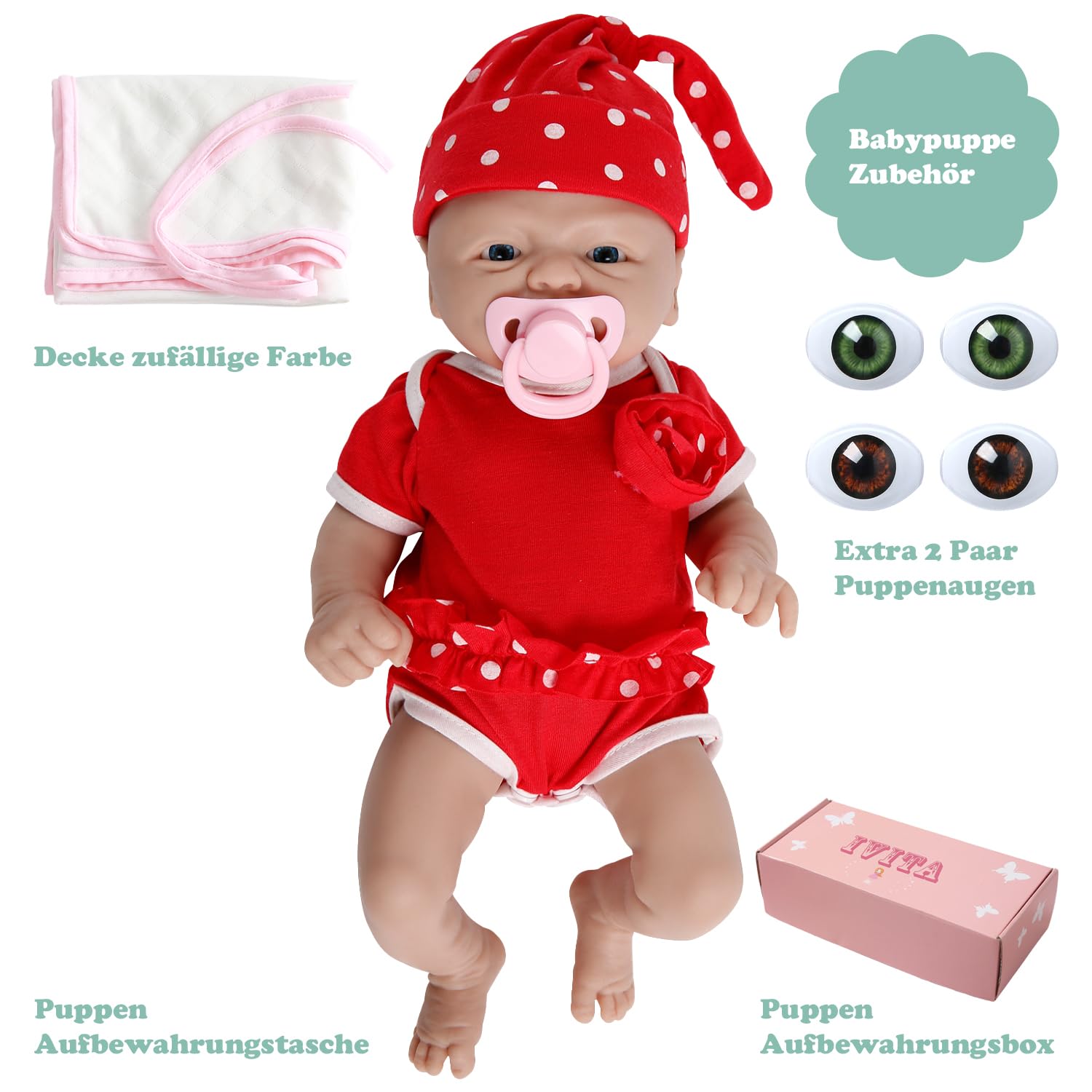 IVITA Reborn Babypuppe 17 Cm – Vollsilikon, Offener Mund, Mit 3 Paar Austauschbaren Augen