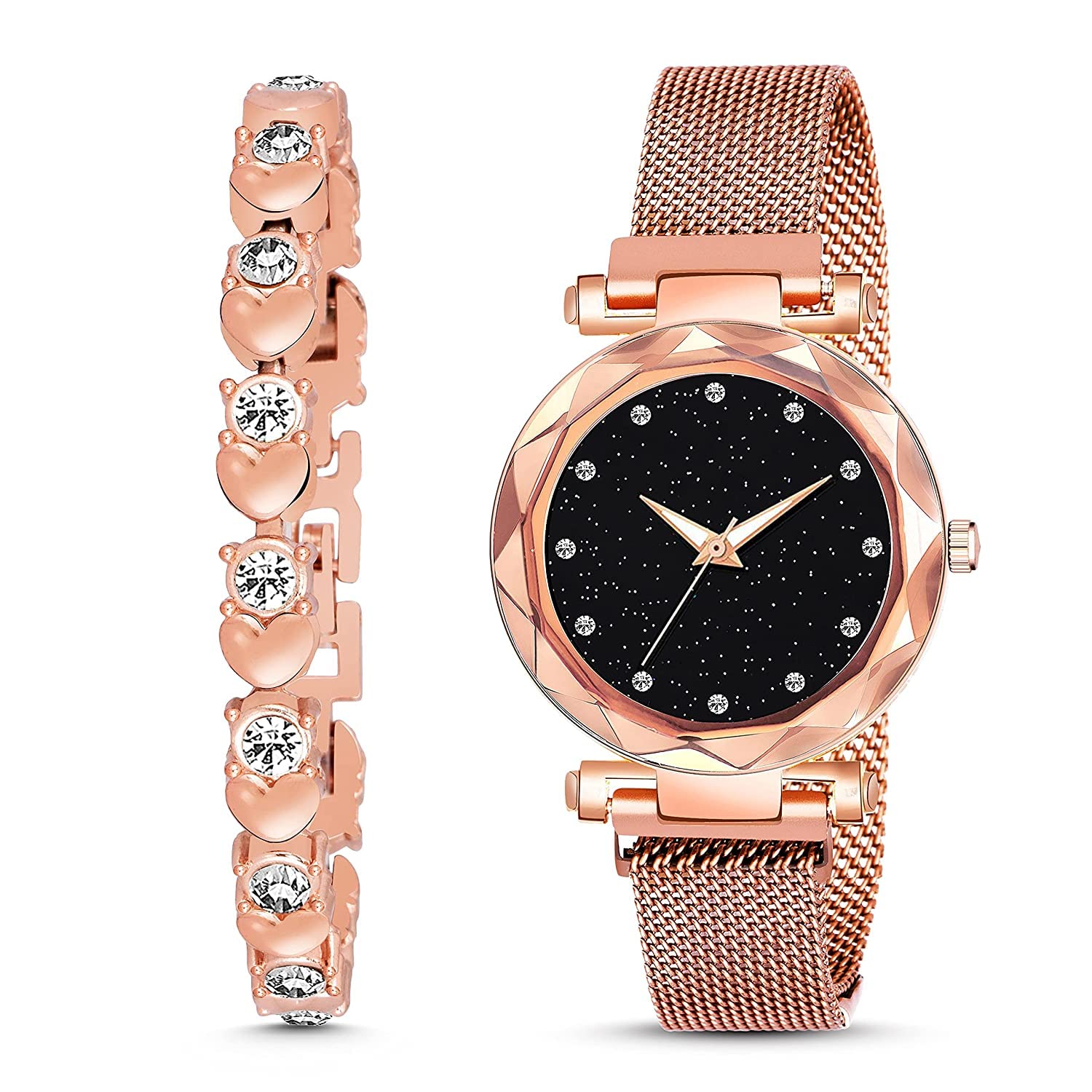 R1OBranded Analogue Diamond Studded Super Black Dial Magnet Watch with Gift Amazing Heart Bracelet for Women analoug Watch or Girls and Watch for Girl or Women .(Cosmic)