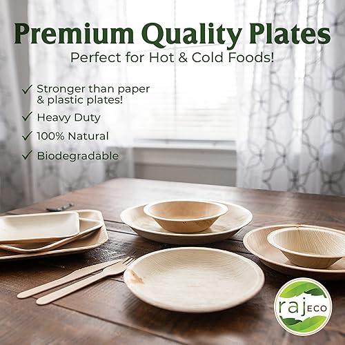 Miniatura 5 de Raj - Paquete de 400 platos de hoja de palma de 10 pulgadas, 100 y 6 pulgadas, 300 platos cuadrados como platos de bambú desechables, vajilla