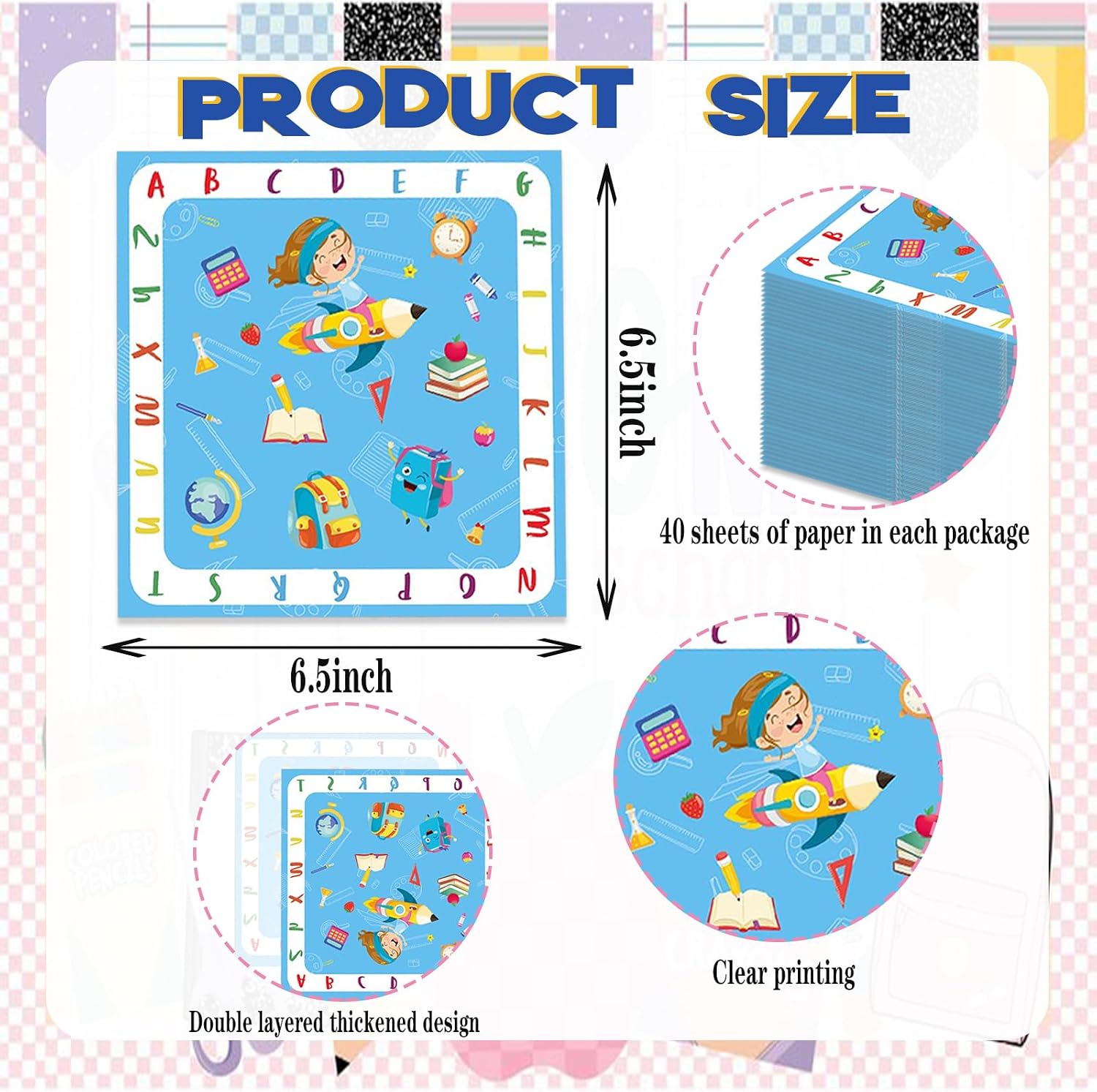 40 Pcs Welcome Back to School Napkins Blue ABC Books Pencils Disposable Paper Napkins for Dinner Picnic Cocktail First Day of School Party Supplies - 6.5 x 6.5 In image 2