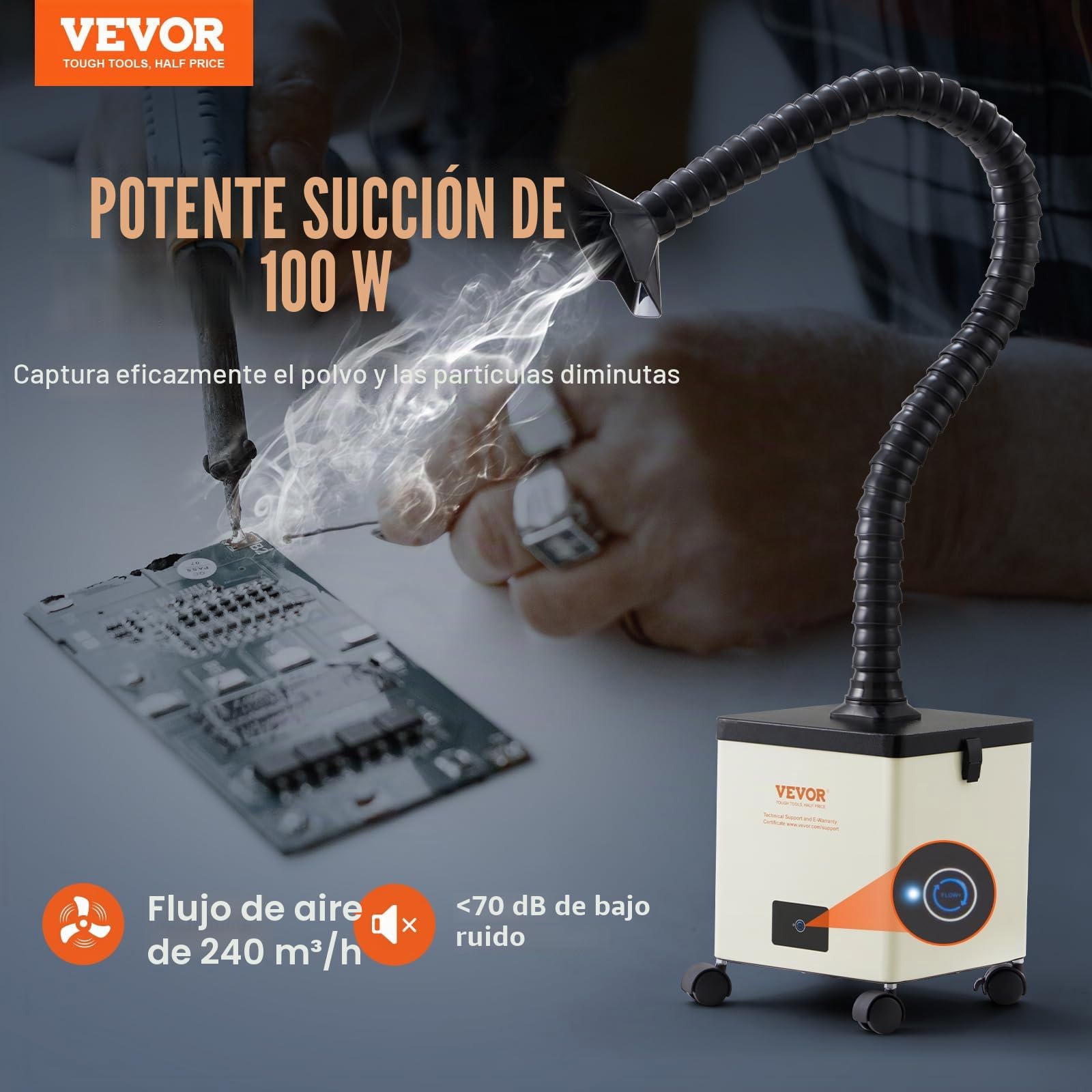 VEVOR Aspirador de Vapor de Soldadura Ventilador de Trabajo de 100 W Filtro de 3 Capas 240 m³/h Absorbente de Humo para Soldadura Compacto para Reparación de Teléfonos de Soldadura DIY Impresión 3D