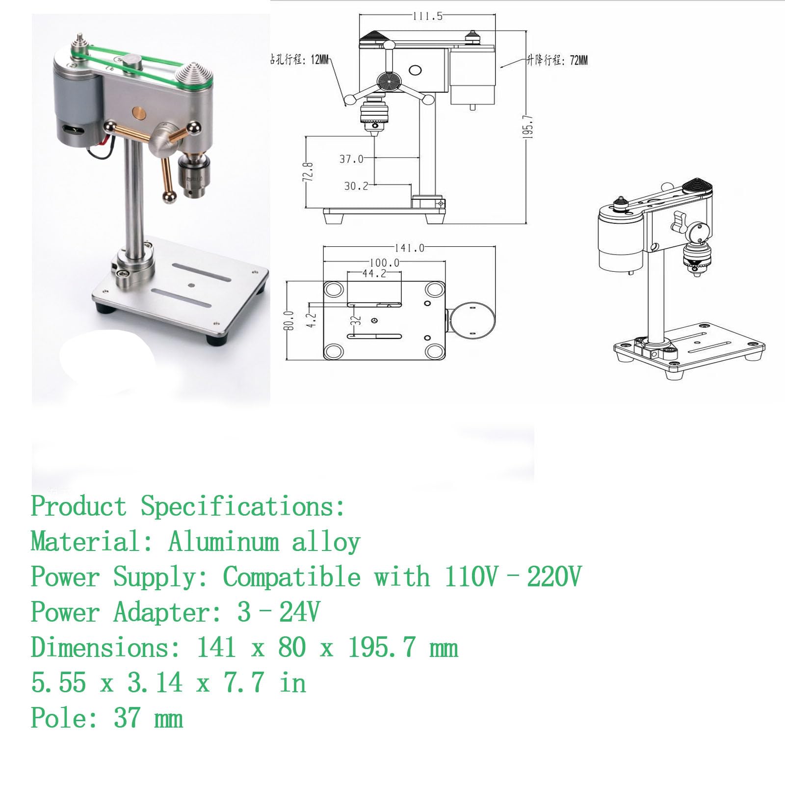 Mini wiertarka stołowa, precyzyjna wiertarka o zmiennej prędkości, z uchwytem JT0, obrót o 360°, do obróbki drewna, wiercenia metalu, projektów DIY, wyposażenia warsztatowego