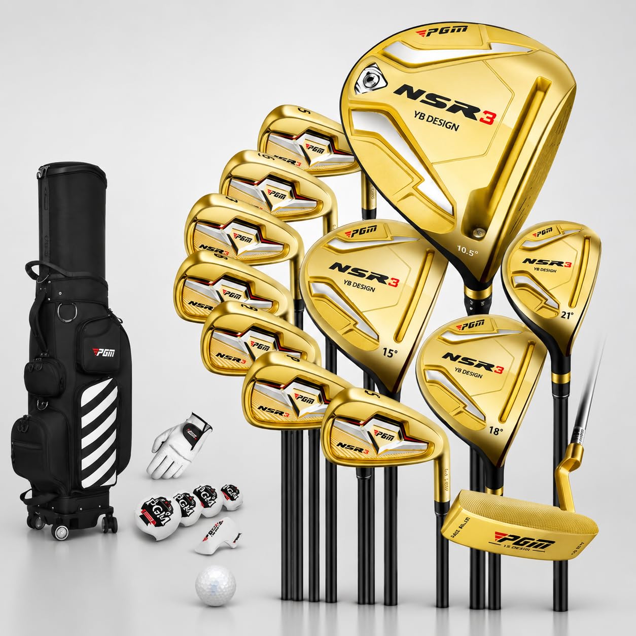 Set mazze da golf per uomo in metallo e fibra di carbonio, con sacca telescopica, metal, Terza generazione, oro, asta in carbonio di classe S