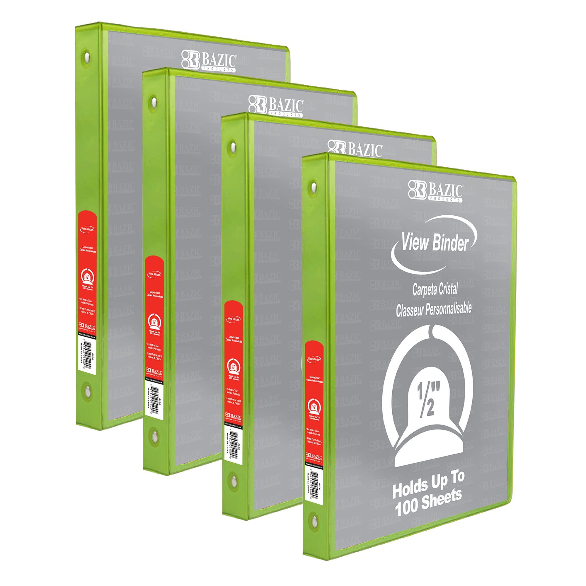 BAZIC Products 1/2 in Lime Green 3-Ring View Binder, Round Ring, 4-Pack