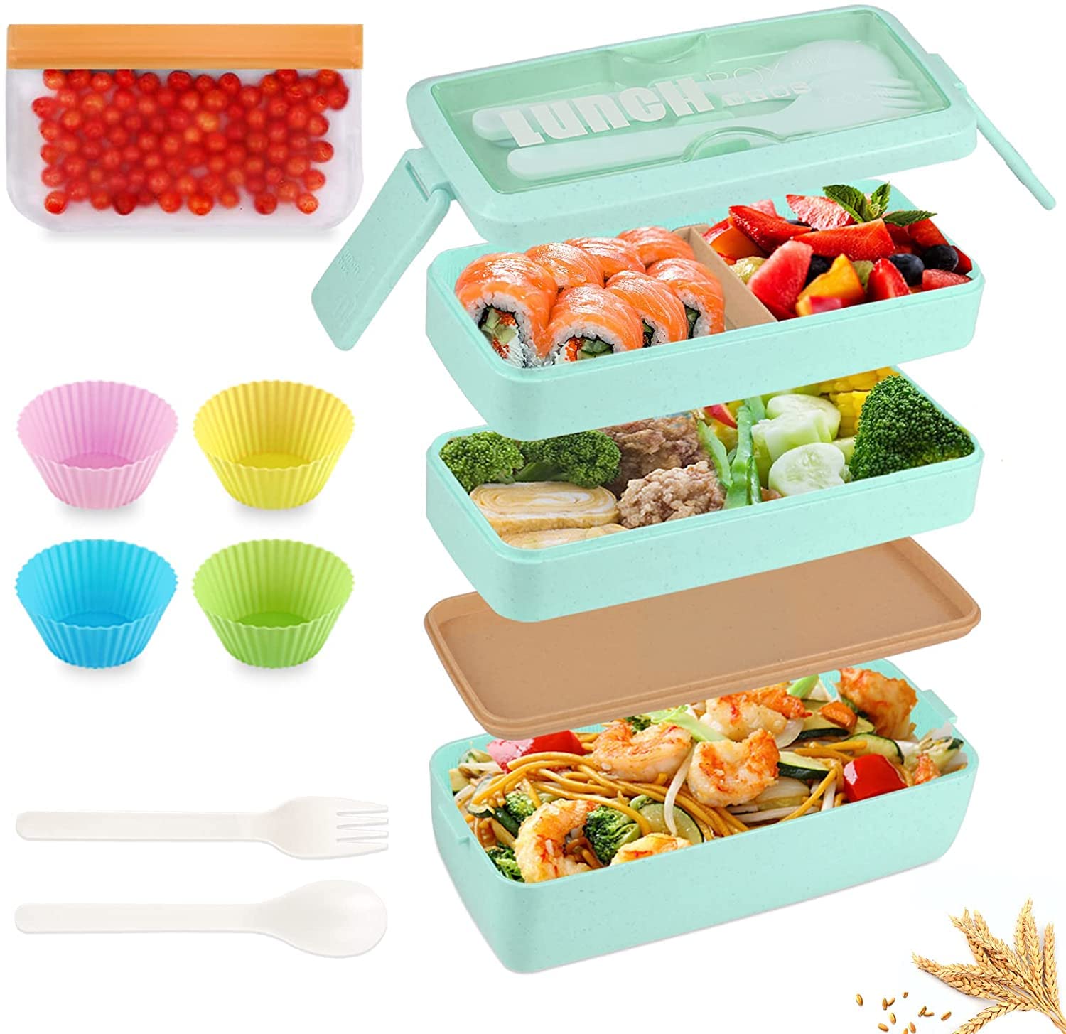 Bento Box Japanese Lunch Box Kit, NatraProw 3-in-1 Compartment Stackable Leak Proof Lunch Box Set, with Snack Bag, Cake Cup, Fork and Spoon for Adults (Green)