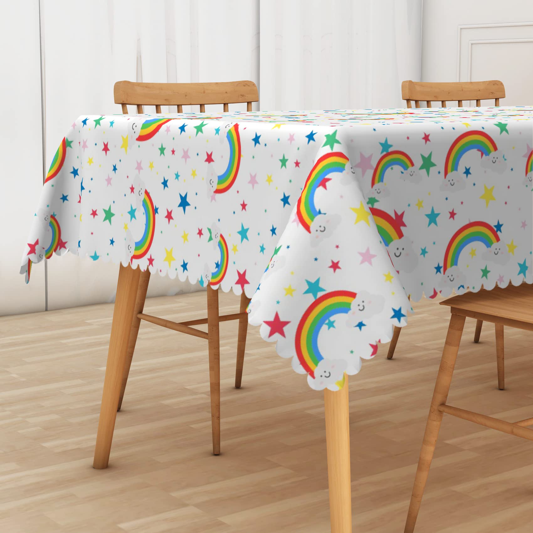 Laeacco 108x54 inch Cartoon Graffiti Tablecloth, Colorful Stars Print Rectangle Tablecloths Rainbows Hand Drawn Solid Color Waterproof Tablecover for Kids Desk Child Birthday Party Nursery Table Decor