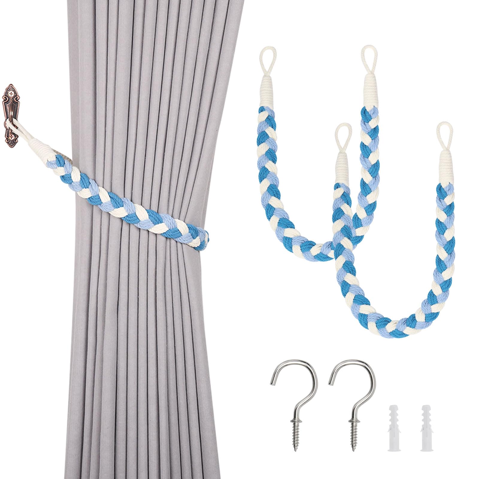 Pretty Jolly 2 Pack Natural Cotton Rope Curtain Tiebacks Elegant Boho Style Decorative Drape Tie Backs Soft Hand-Woven Rope Curtain Holdbacks with Metal Hook for Home & Office Drapery (Blue & Beige)