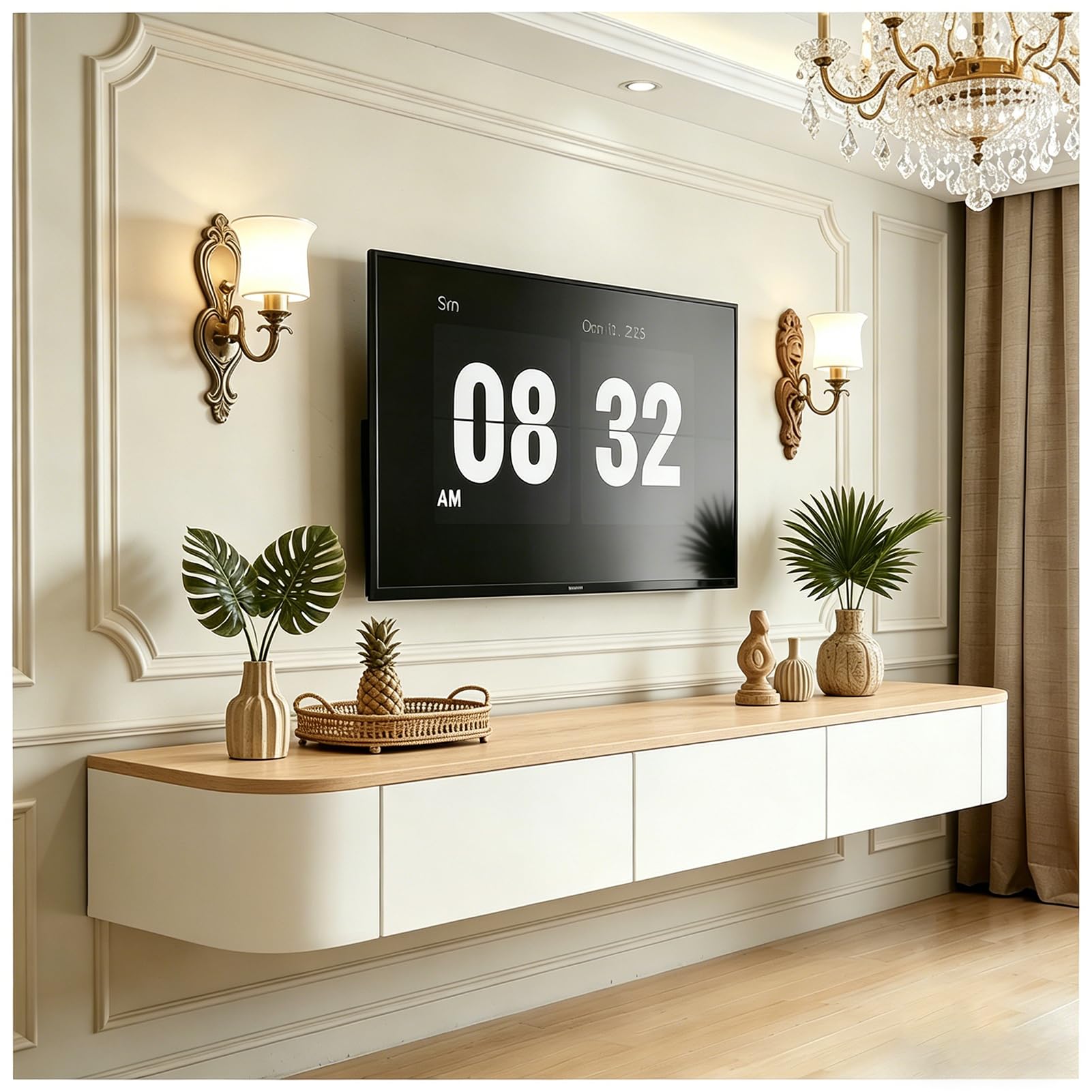 TV Schrank Hängend 160cm, Schwebende TV Lowboard mit 2 Schubladen 1 Klapptüren, Fernsehschrank mit Kabelmanagement für Wohnzimmer und Esszimmer, Bereits montiert