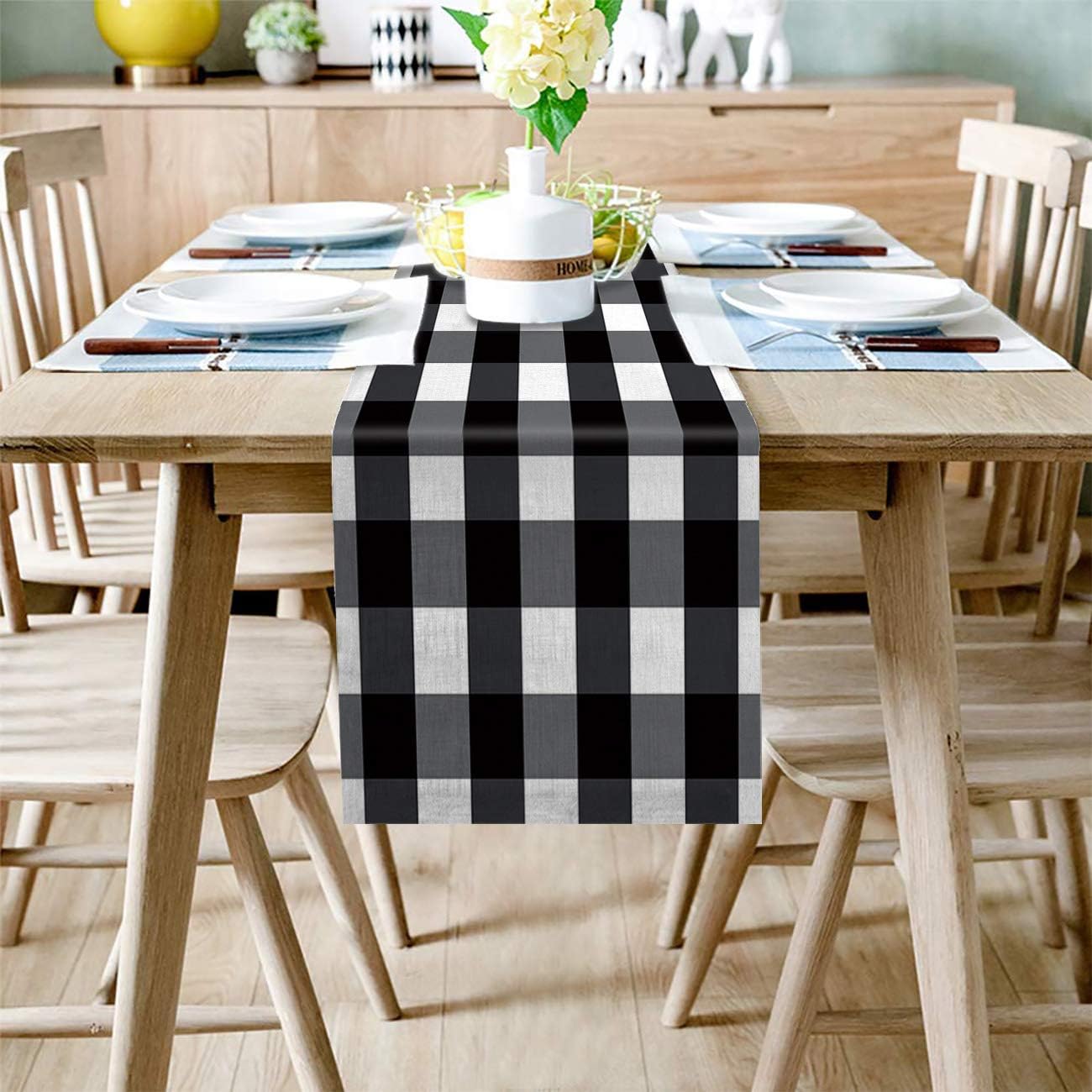 🛒 Crazy Deals Greeeen Linen Burlap Table Runner, Buffalo Check Kitchen Table Runners for Family Dinner, Banquet, Parties and Celebrations, Black and White Plaid Table Decor, 13 x 70 inch