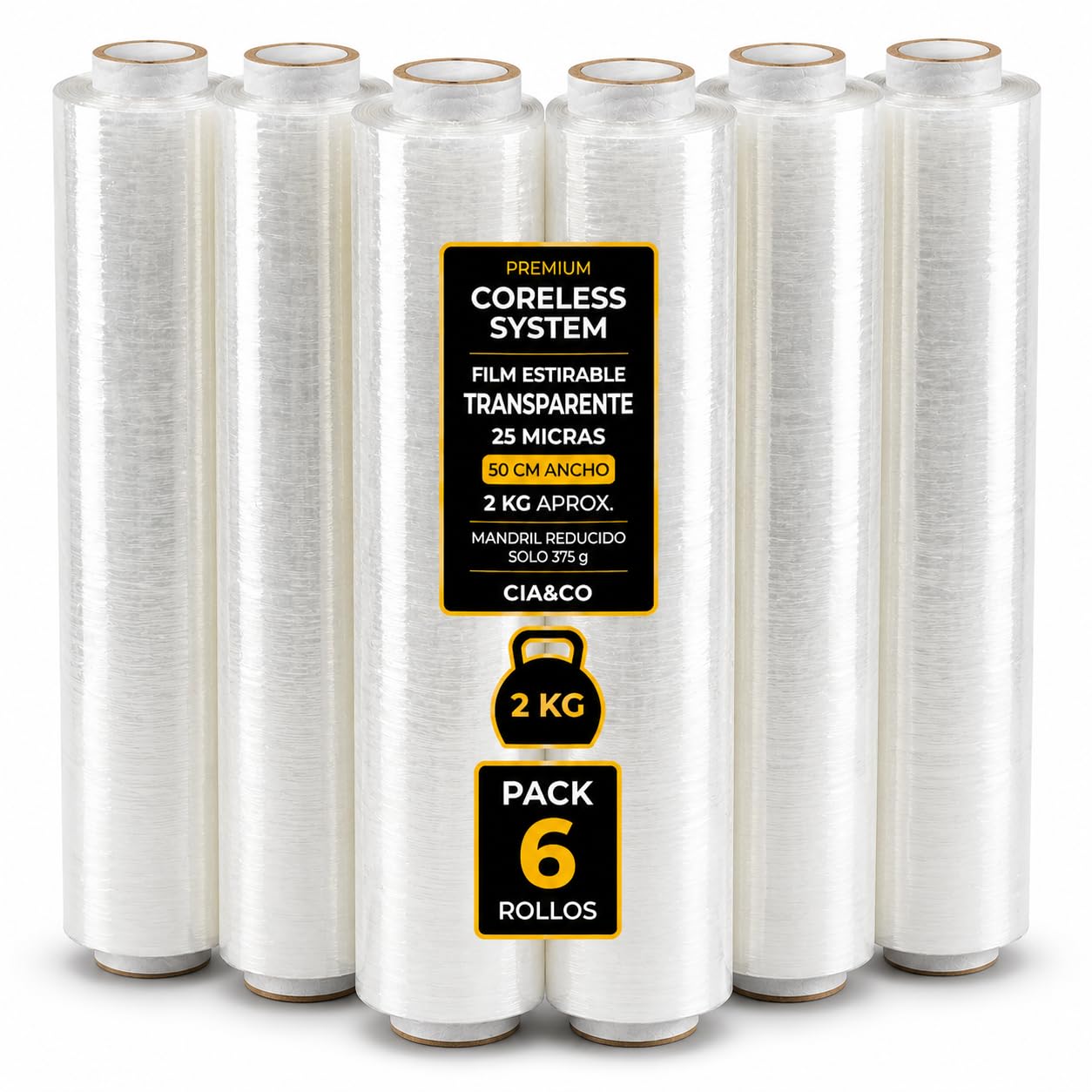 6 x Film Estirable Transparente 25 Micras 50 cm x 2 Kg | Coreless System con Hasta un 20% Más Film Útil | Film para Paletizar Palets, Profesional, Mudanzas, Almacén y Logística | Cia&Co (Pack de 6)