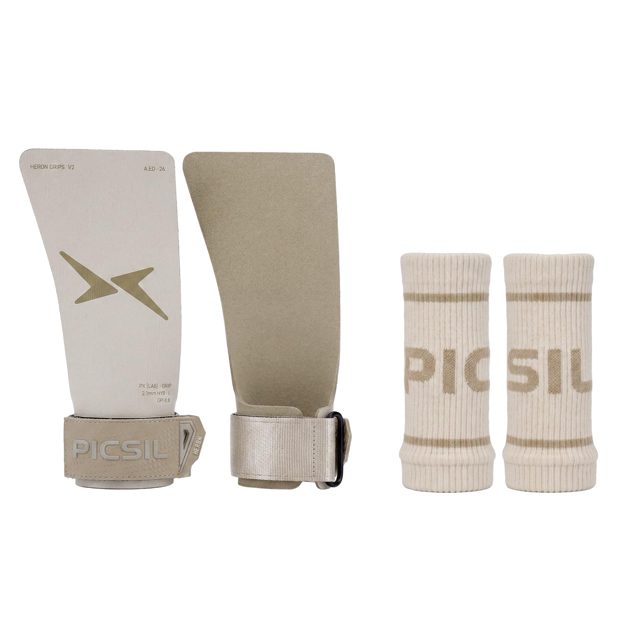 PICSIL - Heron Grips, Wristbands and Carry Bag, Hybrid Grip with PU, Aramid & Microfibe, Full Hand Protection for Crosstraining & Gym - Ivory, G+