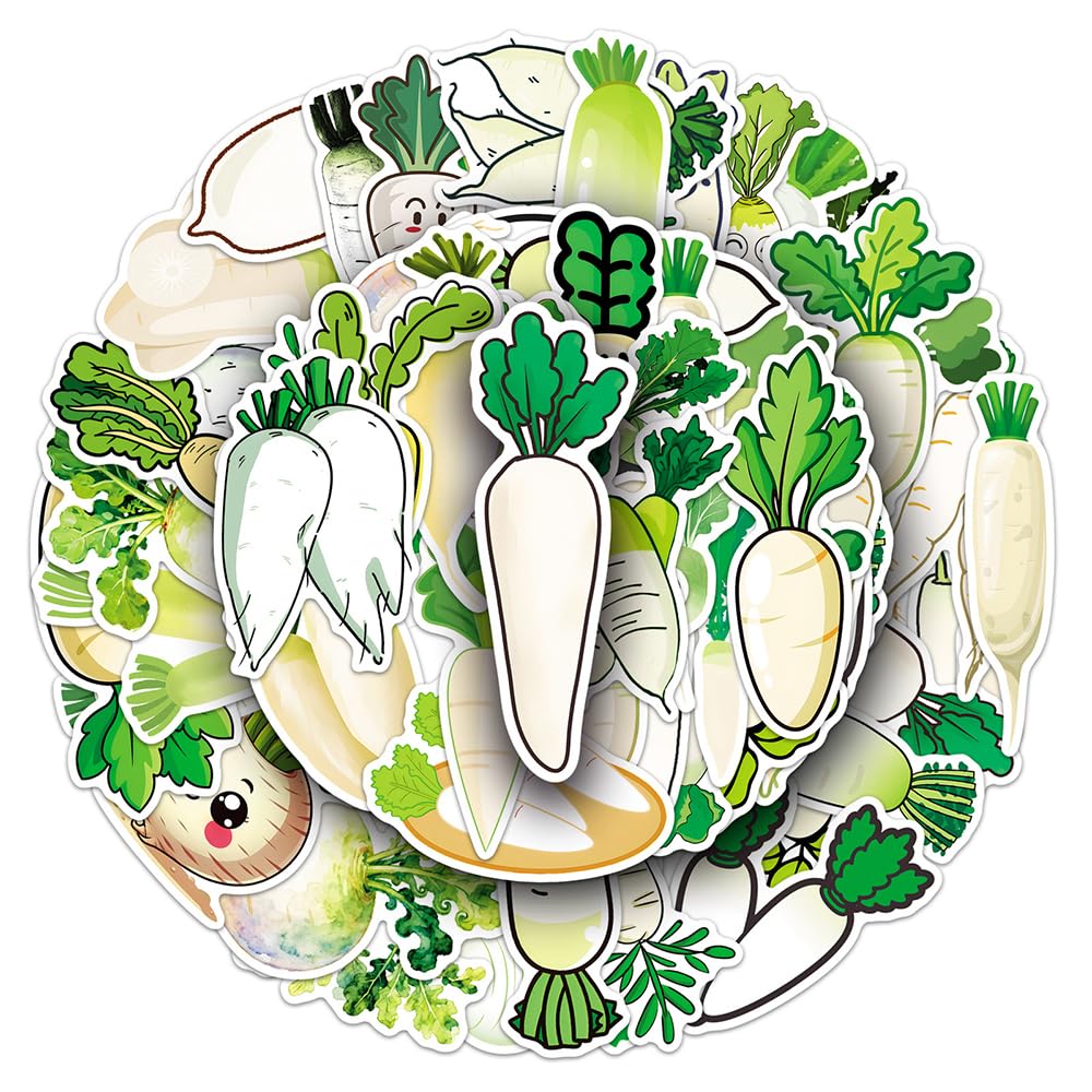 Fresh Daikon Radish Vinyl Stickers, 50 PCS Waterproof White Radish Vegetable Decals for Laptops, Scrapbooking, Journals, Water Bottles, Phones, Notebooks & DIY Decor