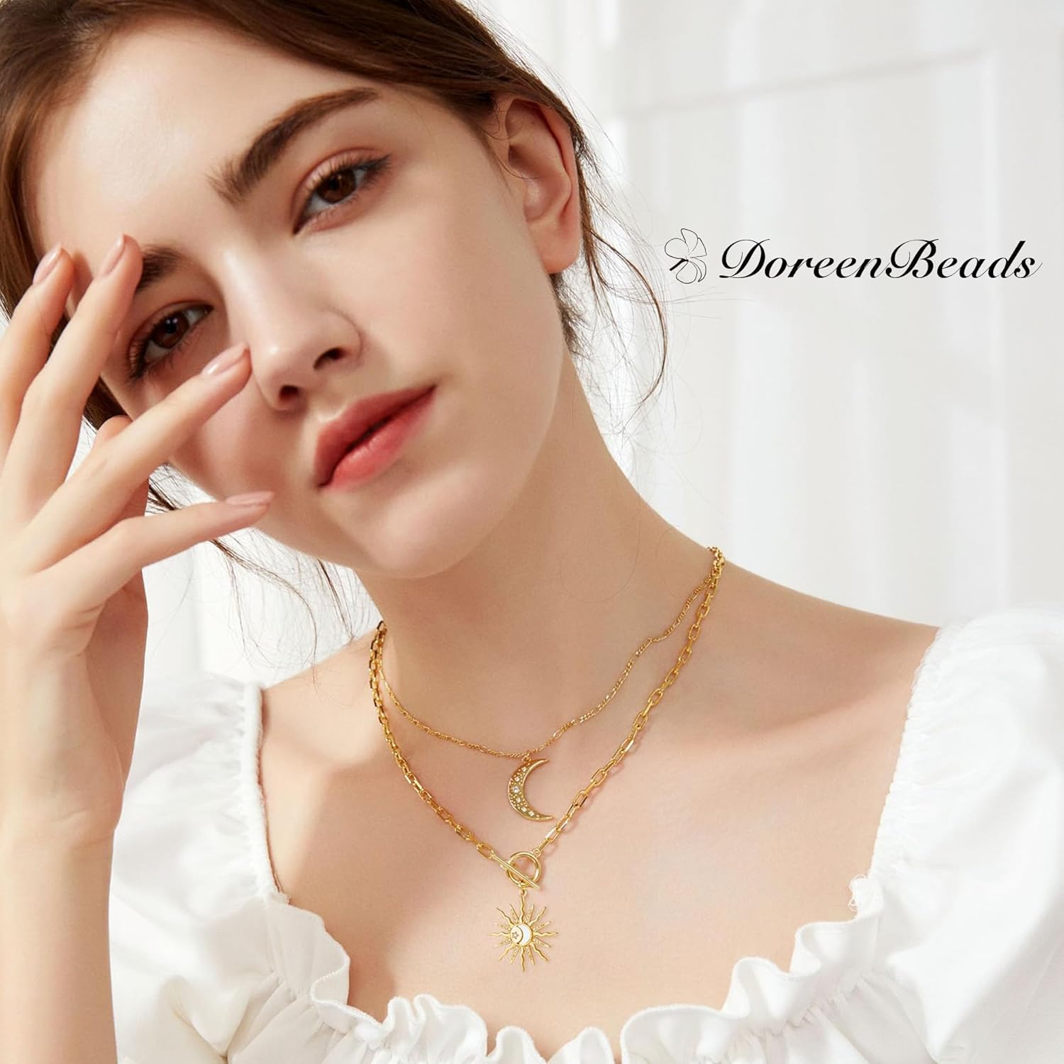 DoreenBeads 18K Gold Sun Moon Star Compass Pendant Necklace Chunky Toggle Paperclip Chain Necklace with Heart Daisy Bee Charms for Women Girls 20 Inches - Image 2