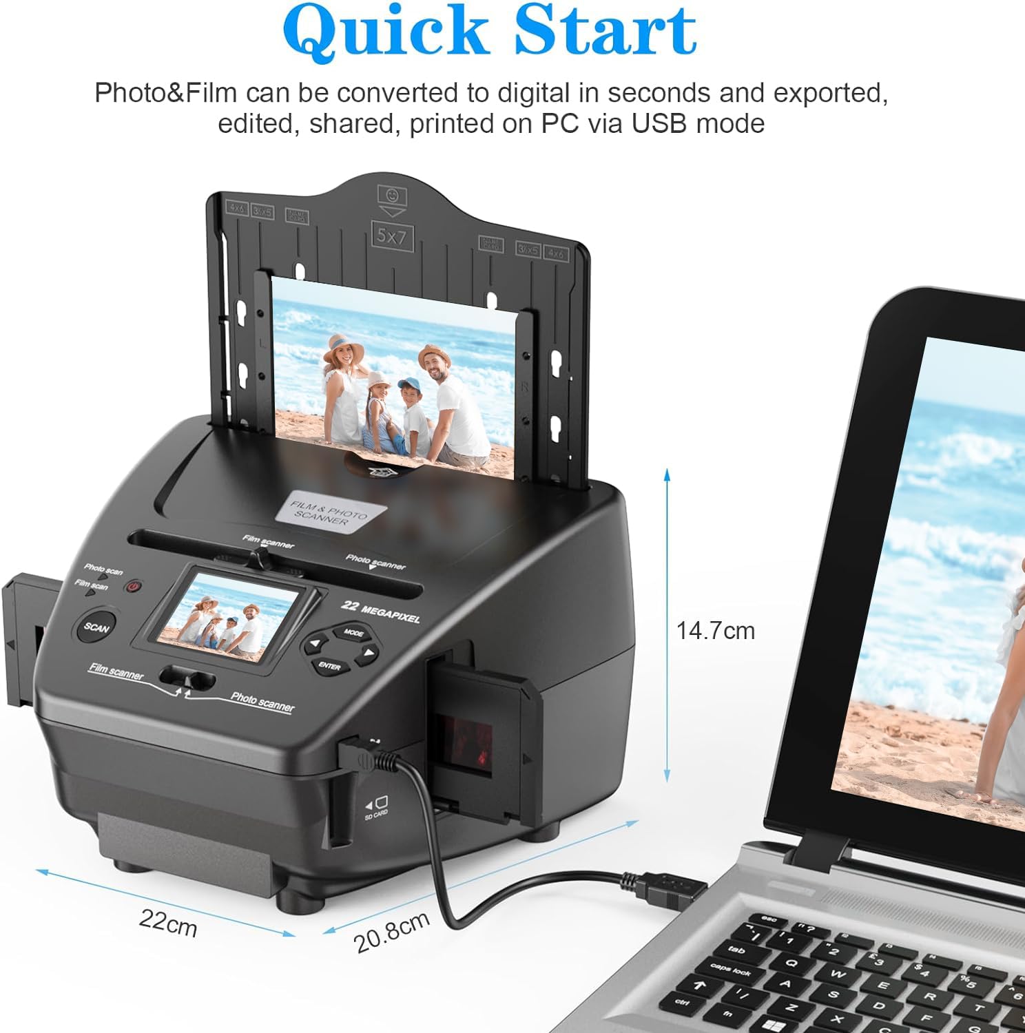 Scanner de film photo LCD 22MP 2,4", Scanner de diapositives et de négatifs - Convertisseur numérique - Transforme les négatifs 35mm/135mm, diapositives et cartes de visite en JPEG numériques