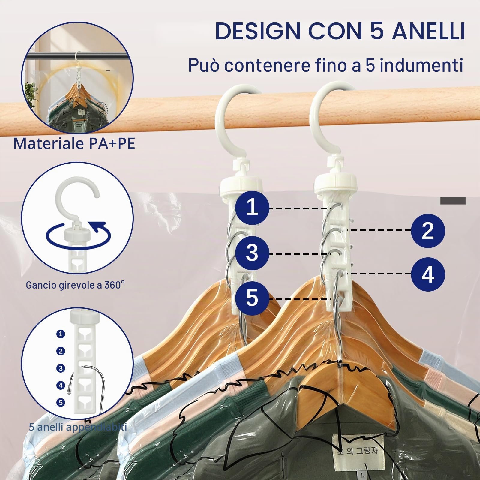 6 pezzi Sacchetti sottovuoto vestiti da appendere - 70×110 cm buste sottovuoto vestiti - trasparenti e riutilizzabili, Copriabiti da Armadio per armadio, per cappotti, giacche e abiti