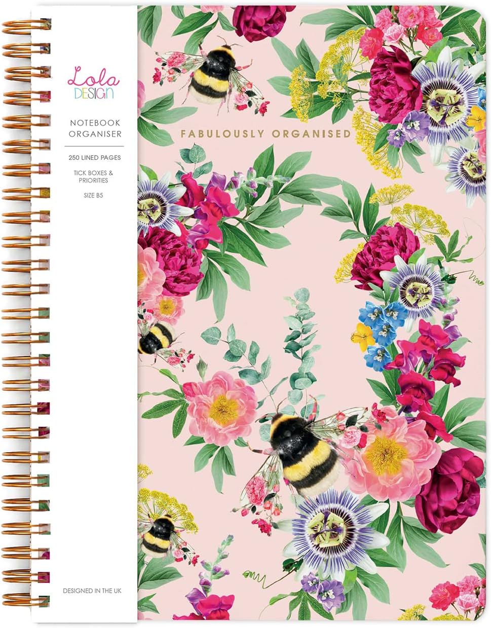 Lola Design - Large Spiral Notebook Organiser, Pink Bee Pattern Design - Planners & Journals - Wiro Bound Notebook with To-Do Lists & Priorities Section - 176x250mm, 250 Lined Pages