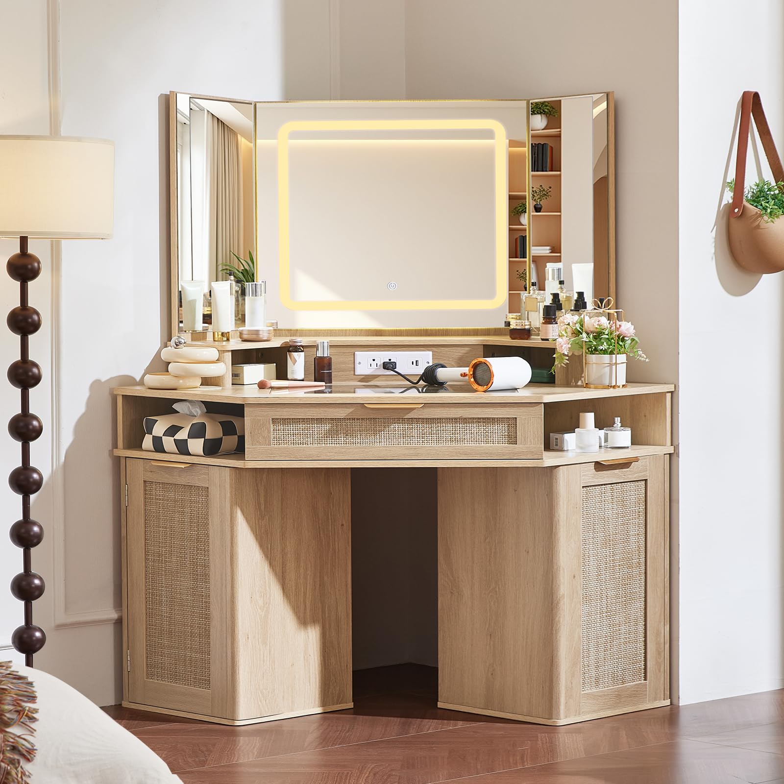 Amazon.com: Lerliuo Corner Vanity Desk with 3 Way Mirror and