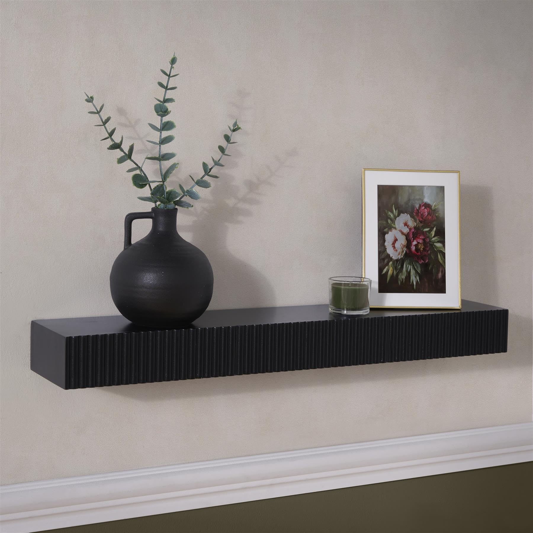OHS Black Floating Shelves Ribbed, Mounted Wall Shelf Decorative Wall Shelves for Living Room Bedroom Office Easy to Install Photo Gallery Bookshelf Display Shelf, 61 x 13 x 6cm — image 1