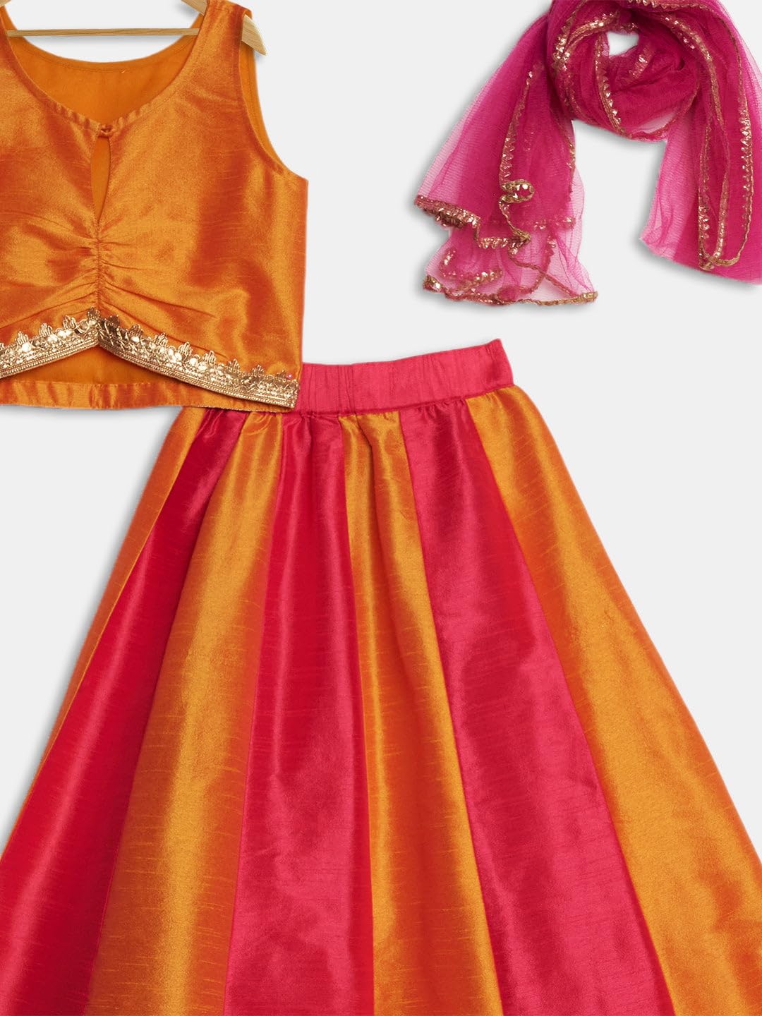 studio rasa Girls Dupion Kalidaar Embellished Lehenga Set for Festive Wedding Party(GLC62501/7-8_Orange_7-8 Y) 3