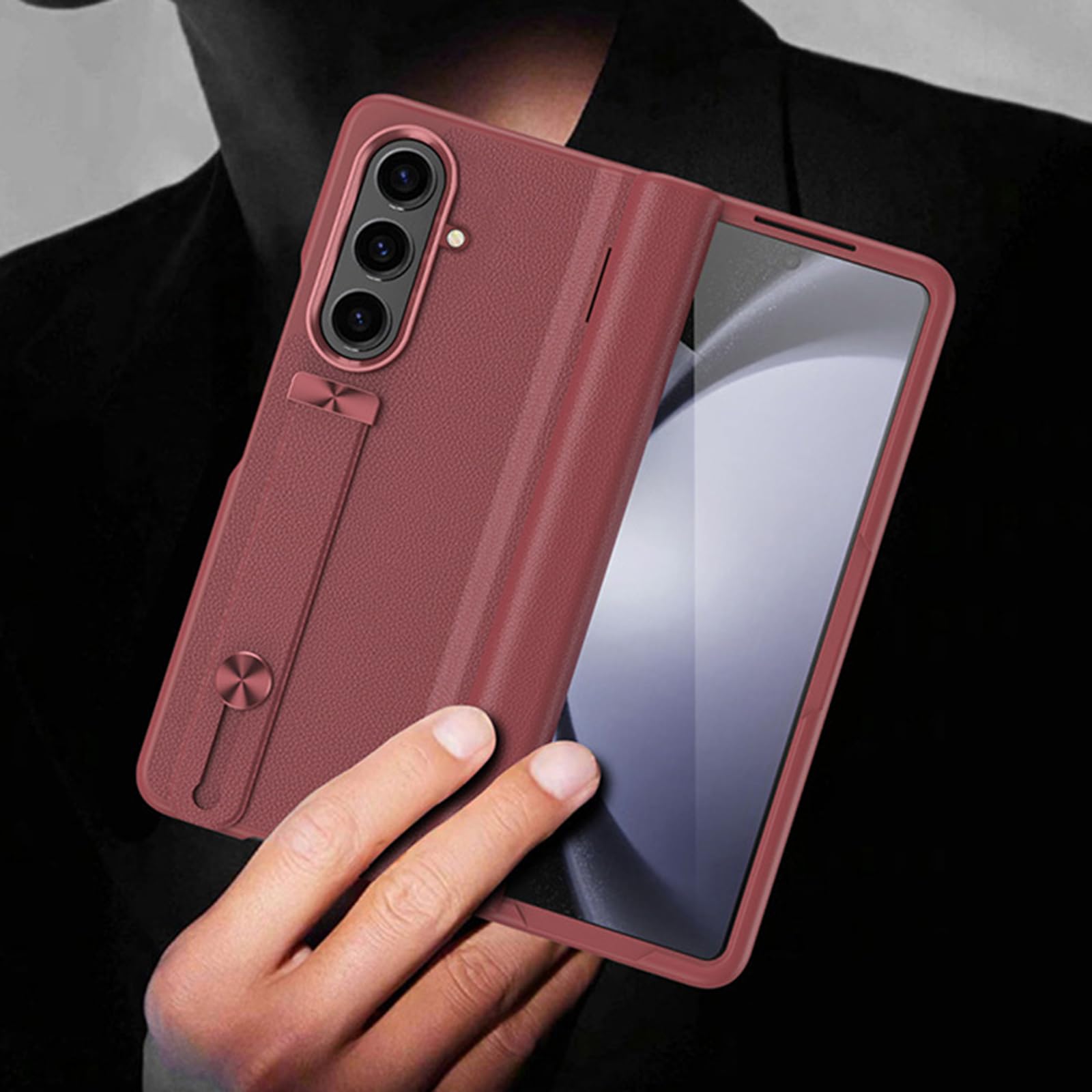 Lederhülle für Samsung Galaxy Z Fold 8 Ultra, mit Metall Objektiv Rahmen | All-inclusive Glas Bildschirm Scharnier Schutzhülle mit Handschlaufe Ständer Handyhülle,Weiß,Fold 8 Ultra
