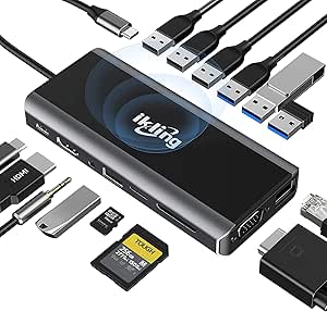 USB C Hub, 15-in-1 USB C Adapter to HDMI, VGA, Wireless Charger, Gigabit Ethernet, 3 USB 3.0, SD/TF Card Reader, USB C to 3.5mm, USB C Dock for MacBook Pro and Type C Device (Thunderbolt 3)