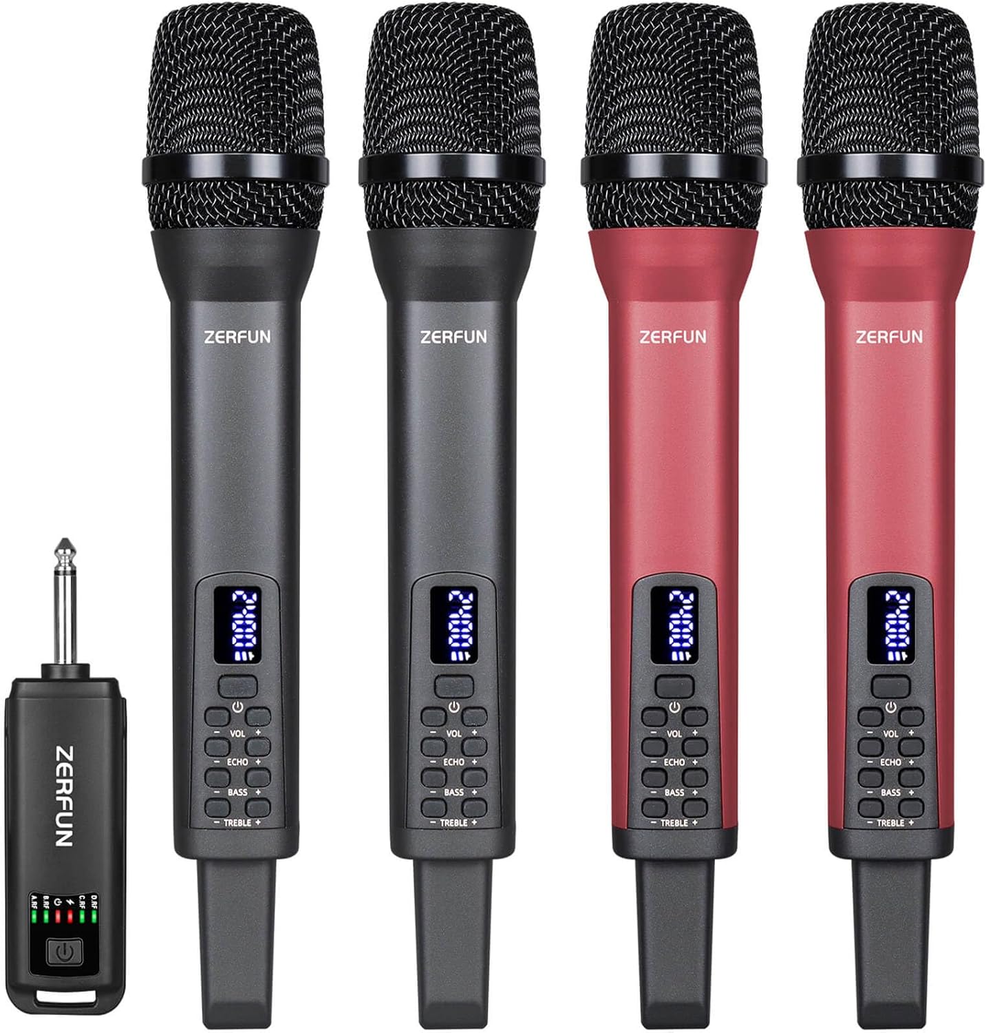 ZERFUN 4 Rechargeable Wireless Microphones, Pro Handheld Cordless Mics System with Echo Treble BASS VOL Control for Karaoke Singing Church Party, 1/4'' Output, Grey&Red