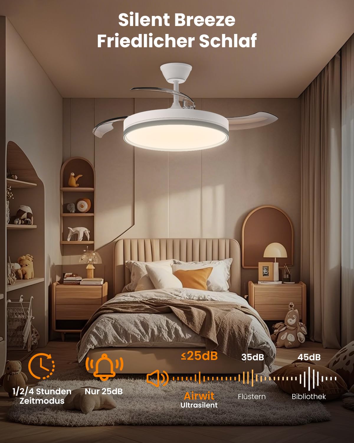 Airwit 106cm Einziehbares Deckenventilator mit Beleuchtung und Fernbedienung, 3 Farbtemperaturen Lampe mit Ventilator, Leise Deckenventilator mit Licht DC Motor für Wohnzimmer, Schlafzimmer