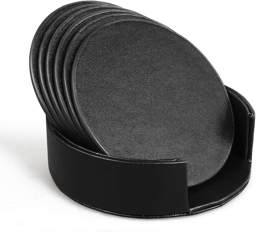 KWANITHINK Leather Coasters, 6pcs Coasters for Drinks with Holder, Drink Coasters Set Protect Furniture from Damage (Black)