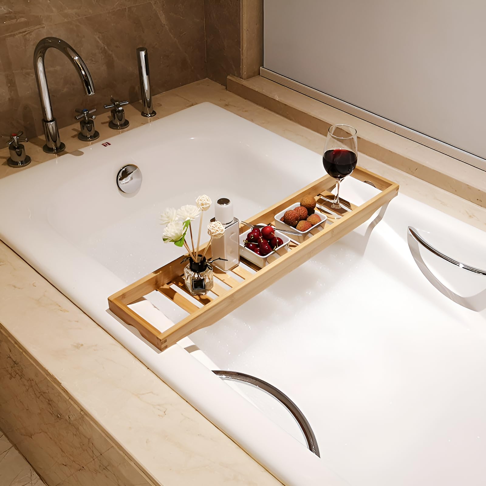 Amazon.co.jp: バスタブトレー 竹製 お風呂テーブル 調整可能 伸縮性