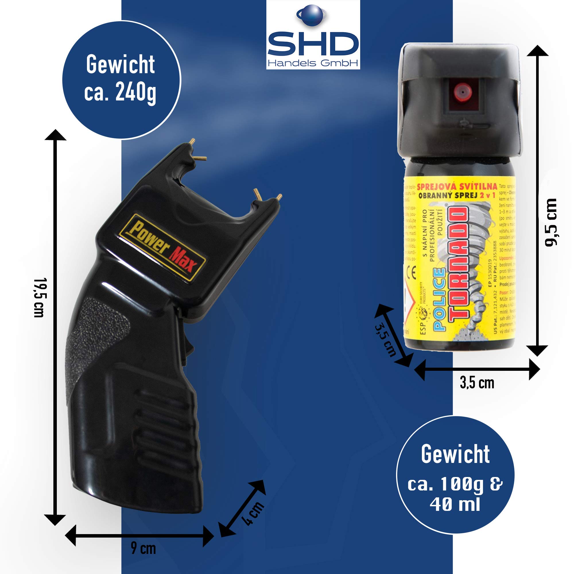 SHD - Power Abwehrset Elektroschocker 500.000 Volt mit PTB Zulassung - im Set mit Profi Pfefferspray Tierabwehrspray 40ml mit Licht - Selbstverteidigung frei verkäuflich ab 18 Jahren