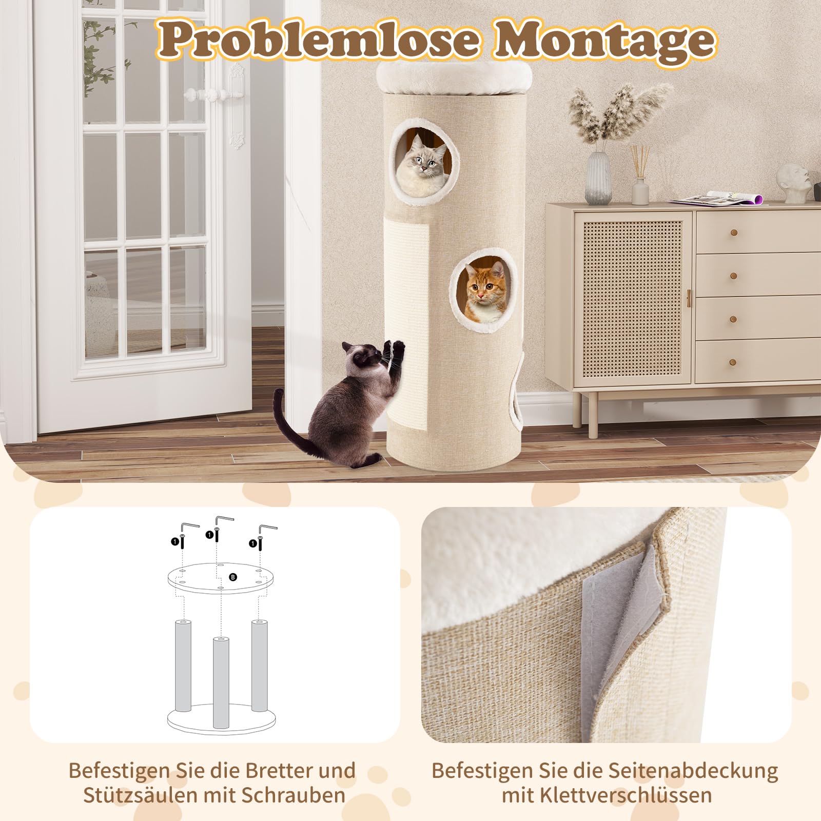 COSTWAY Kratztonne 4 Ebenen, 113 cm hoch, Katzentonne mit 3 Höhlen, 2 Sisal-Kratzbrettern, Plüschbett und Bambusmatte, Spieltonne für Katzen, Katzenmöbel Innen, Katzenturm Katzenbaum Kratzbaum (Natur)