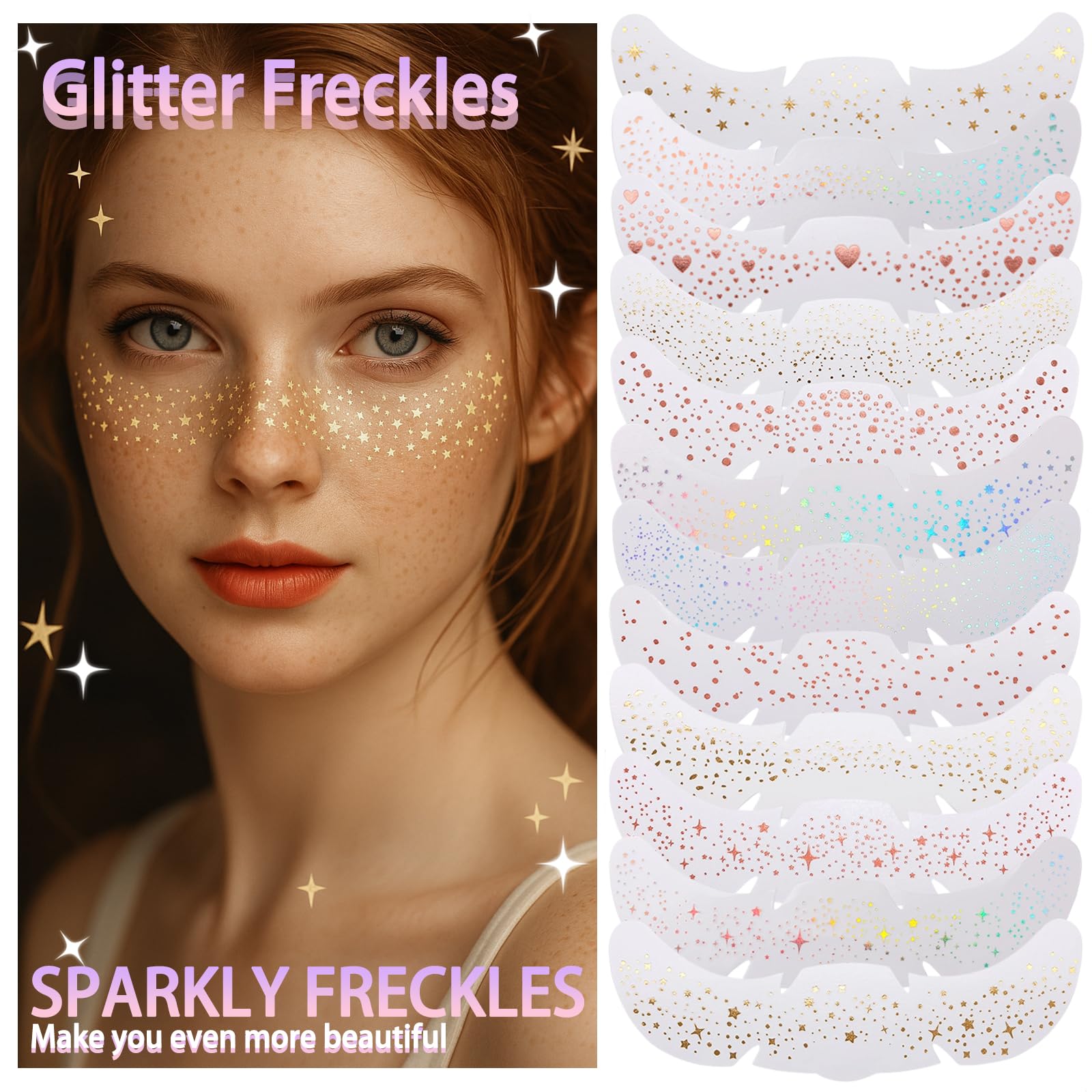 12 Sheets Glitter Freckles Stickers for Face and Body, Star and Heart Face Tattoo for Women and Girls, Long Lasting Waterproof Festival Rave Makeup Accessories Holographic & Gold & Rosegold