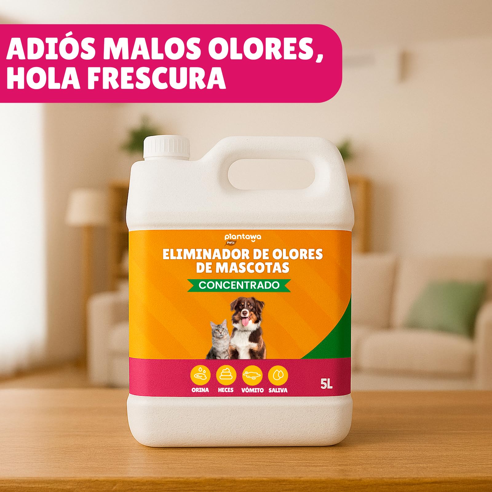 PLANTAWA Eliminador de Olores de Mascotas Concentrado 5L | Limpiador enzimático para orina perros y gatos | Neutralizador de olores hogar, alfombras, sofás y coche | Fórmula eficaz y segura