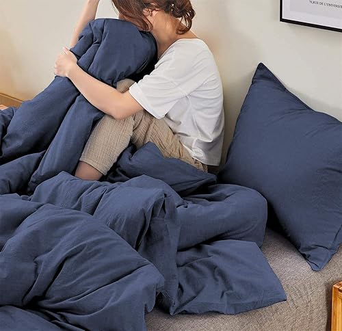 Miniatura 4 de Funda de edredón 100% algodón lavado de 3 piezas, funda de edredón tamaño King, 400 hilos, color sólido y ultra suave con cierre de cremallera,