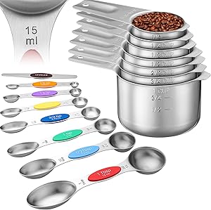 Measuring cups and spoons set, 304 Stainless steel measuring cups, 8 Pcs magnetic measuring spoons, 7 Pcs metal measuring cups for Cooking & Baking