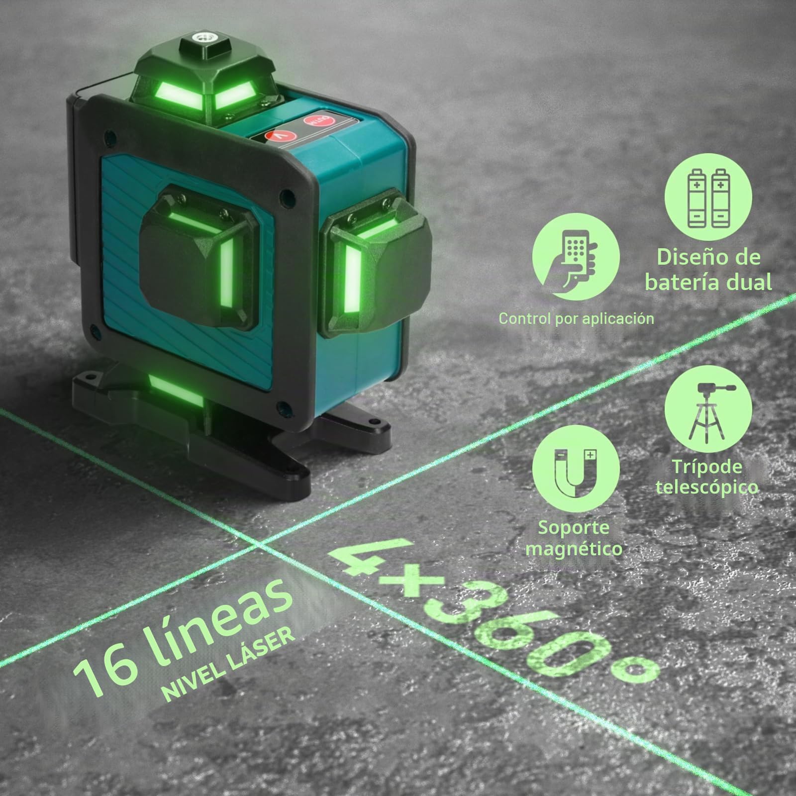 Weytoll Nivel láser multifuncional de 16 líneas Función autonivelante de 3° Herramienta de nivelación Línea adhesiva de pared de suelo omnidireccional con soporte de trípode ajustable de altura de 1,2