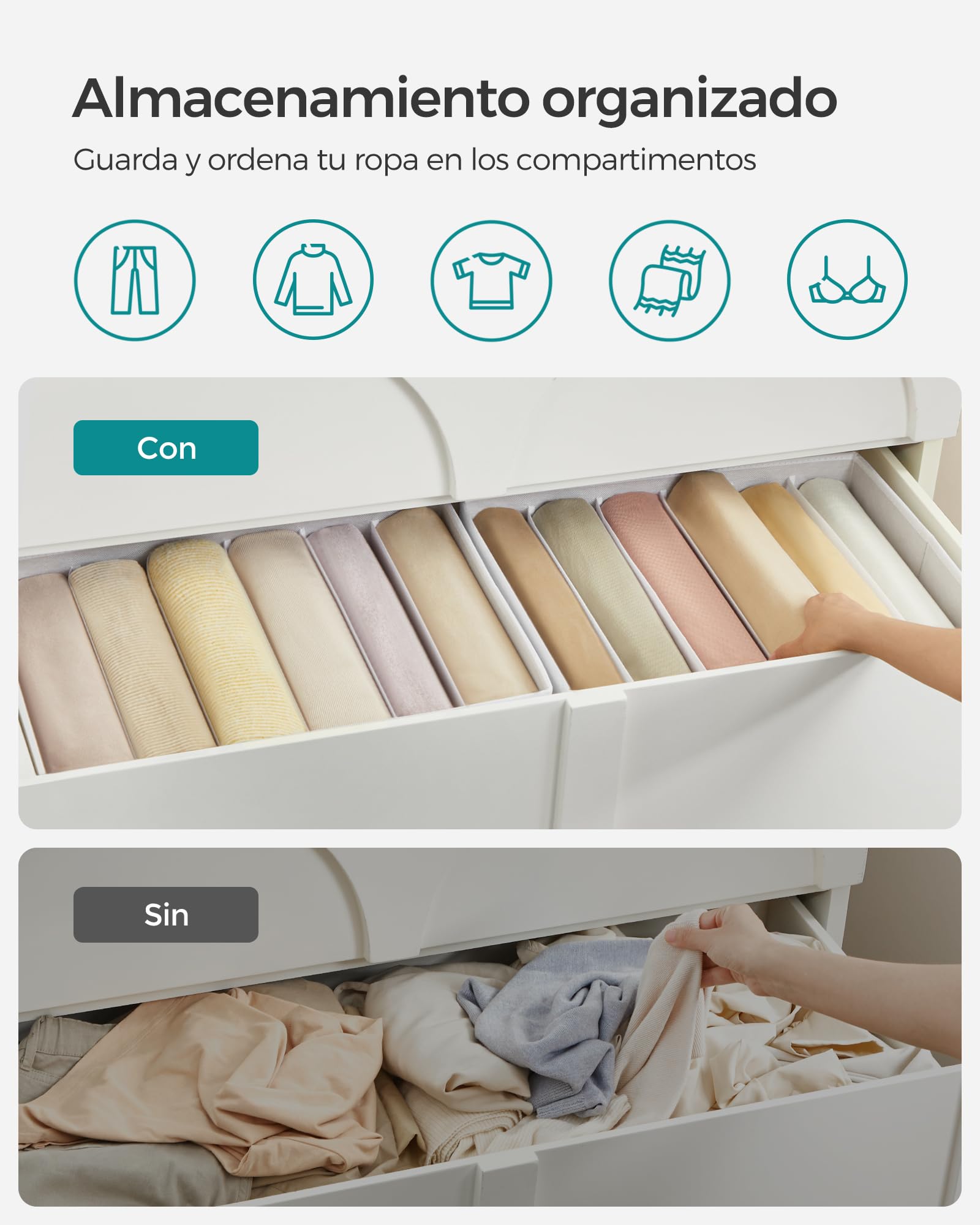 SONGMICS Juego de 4 Organizadores de Cajón 6 Compartimentos Plegable 42x30x17 cm Blanco RUS009W04