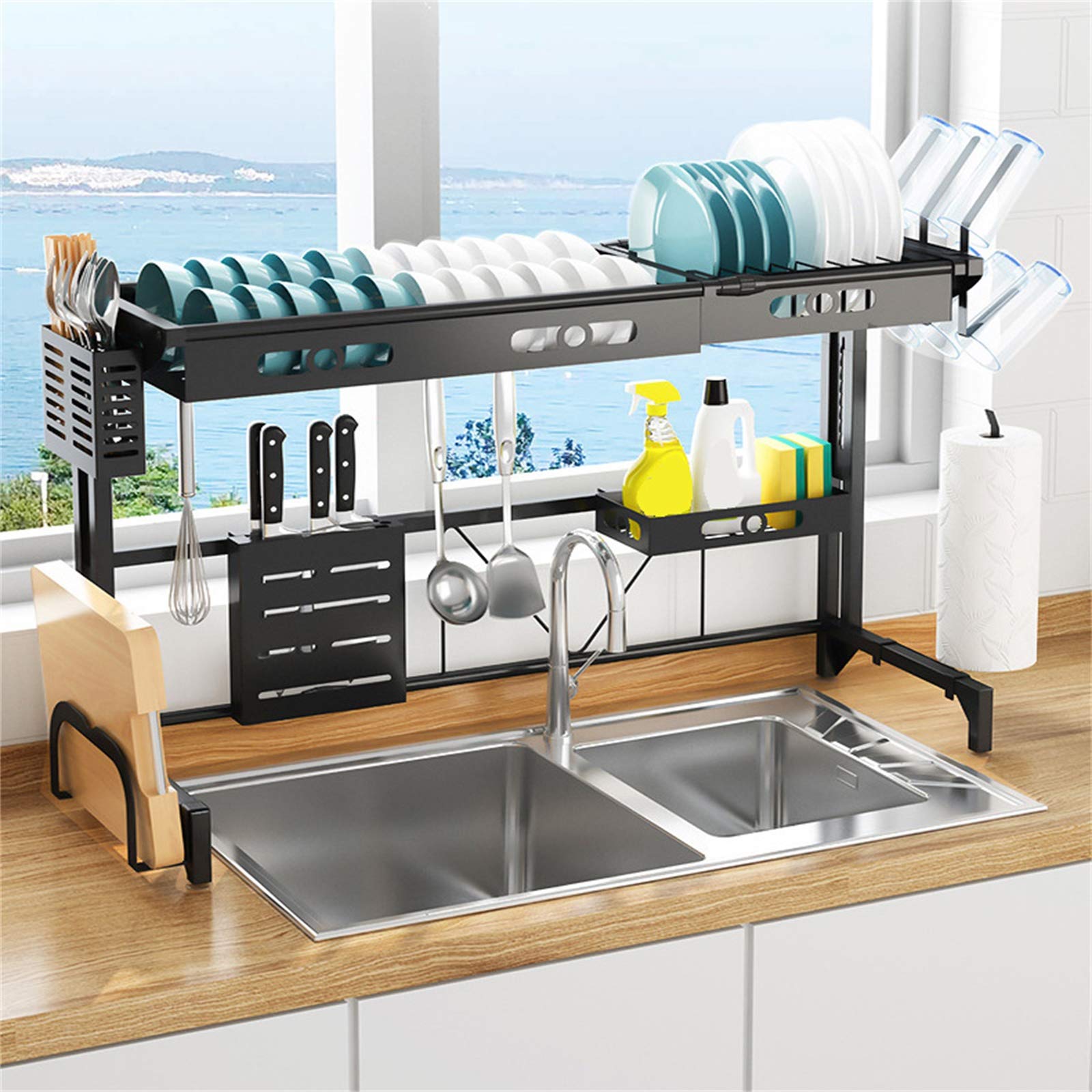 Escurridor De Cubiertos, Estante De Almacenamiento De Cocina, Fregadero De Secado Tablero De Drenaje Estante Para Platos Estante, Utensilios De Cocina De Protección Ambiental Inoxidable 95cm,negro