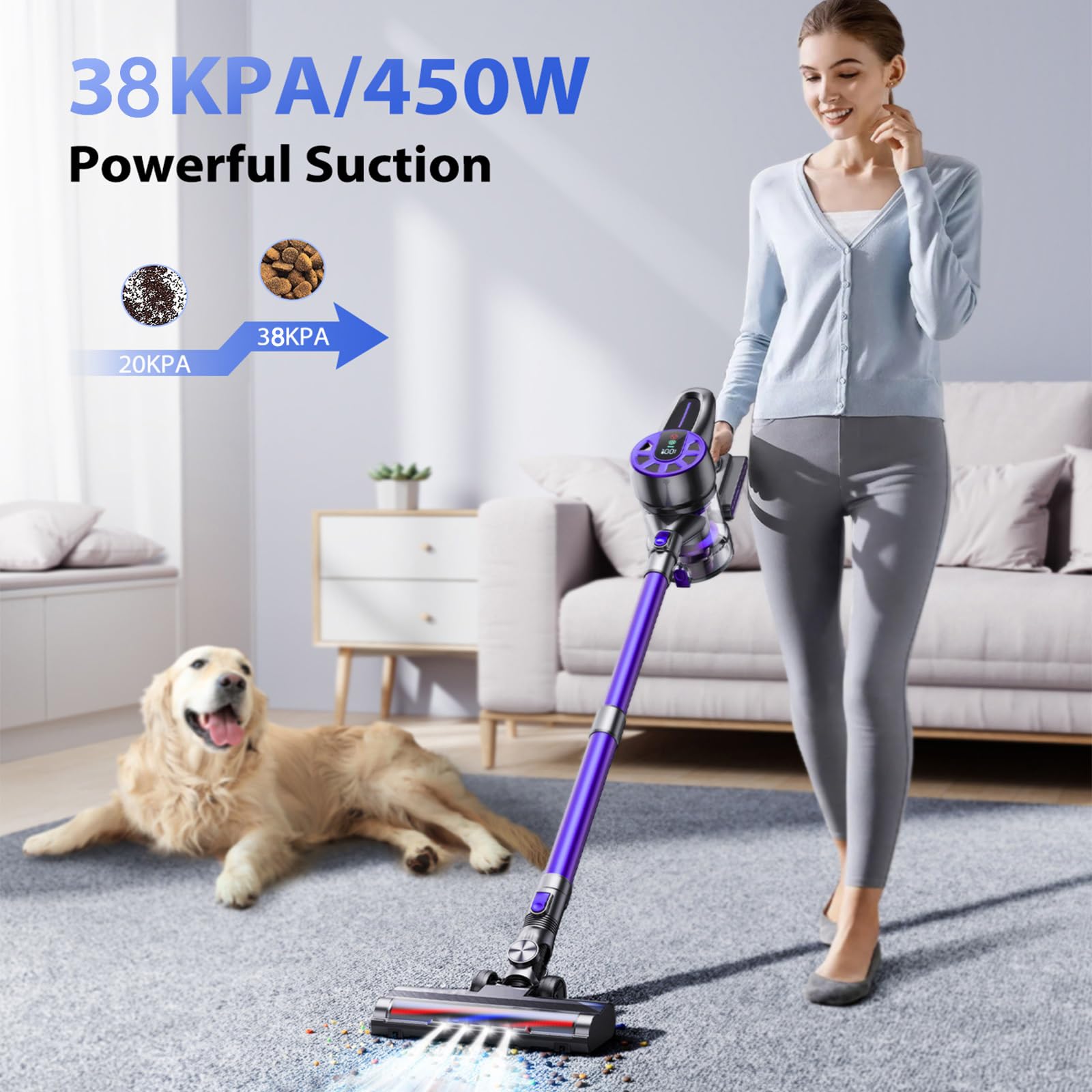 Cordless Vacuum Cleaner?Stick Vacuum with LED Display, Up to 55 Mins?6-in-1 Vacuum Cleaners for Home?Rechargeable, Lightweight?Powerful Suction Vacuum Cleaner for Carpet, Hardwood Floor, Pet Hair