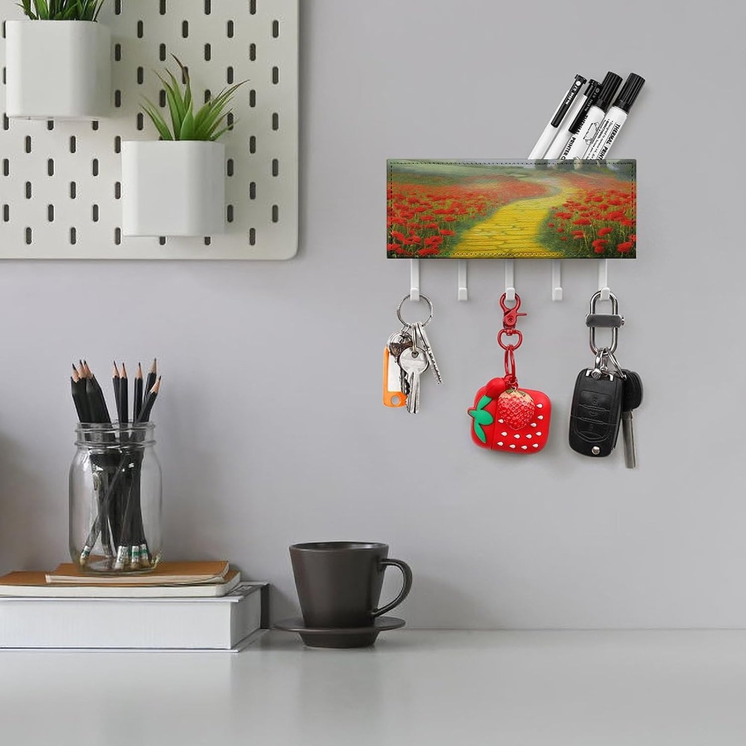 PU Leather Key Holder Wall Mount Key Organizer, Decorative Adhesive Key Rack with 5 Key Hooks, Fashion Poppies Field Brick Road Key Hanger Decor for Entryway Door Bathroom Kitchen Hallway