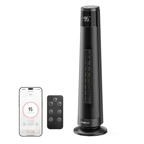 1500W PTC Ceramic Smart Space Heaters for Indoor Use, Portable Heater with Remote & App Control for Large Room, Office, ECO Modes, Safety Protection, 70° Oscillation, 12H Timer, Black, 1 Pack