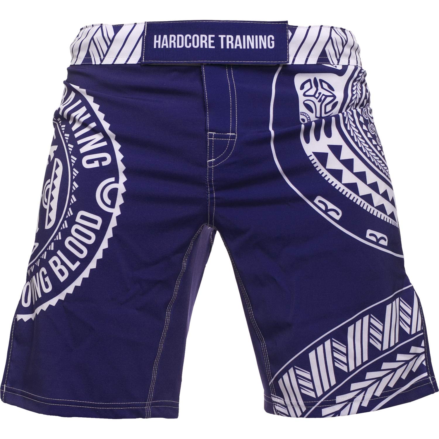 Hardcore Training Fight Shorts Boks Męski Szorty do Walki MMA Combat BJJ Grappling Fitness Muay Thai Kickboxing No Gi (DE/NL/SE/PL, Alfa, L, Regularny, Regularny, Niebiesko Biały)