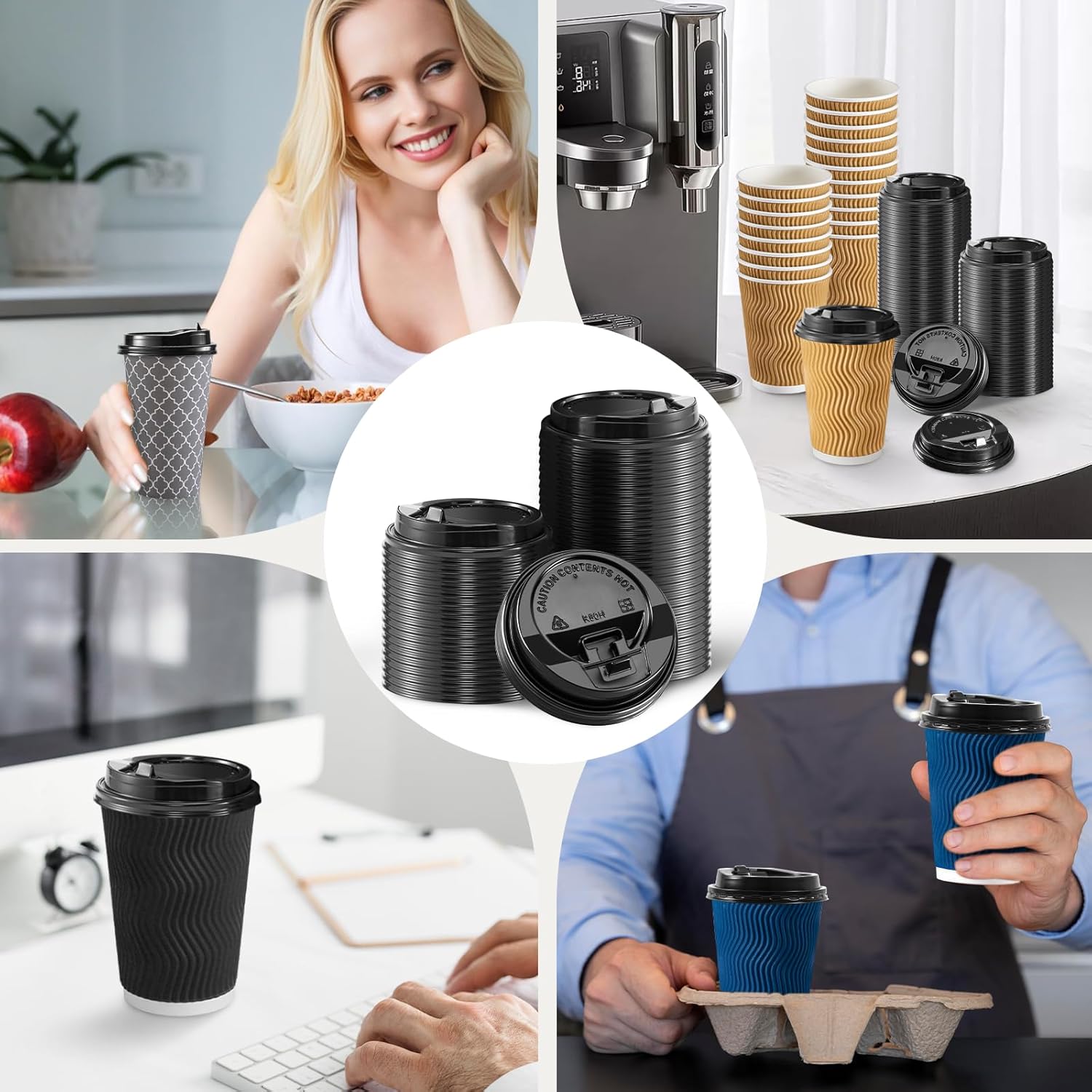 Lamosi 180 Pack Coffee Cup lids, Disposable Plastic Lids for 10, 12, 16, 20, 24 oz Paper Cups, 3.54 Inches/90 mm Diameter - Black - Image 6