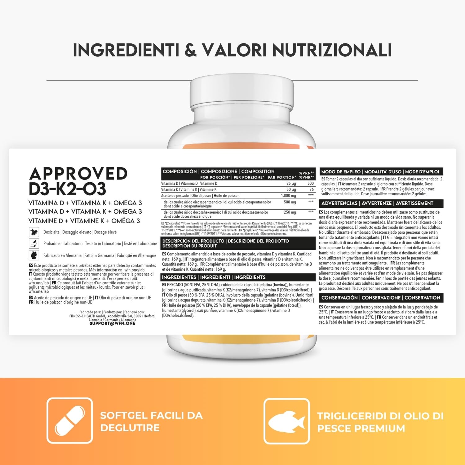 WFN Approved D3-K2-O3 - Vitamina D3 + K2 + Omega 3-240 capsule - Prodotto e testato in Germania