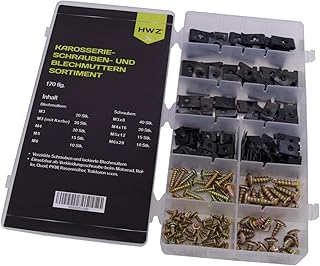 170 tlg Karosserieschrauben mit Karosseriemuttern Sortiment Blechschrauben Blechmuttern Kotflügelmuttern Dämpfungsscheiben