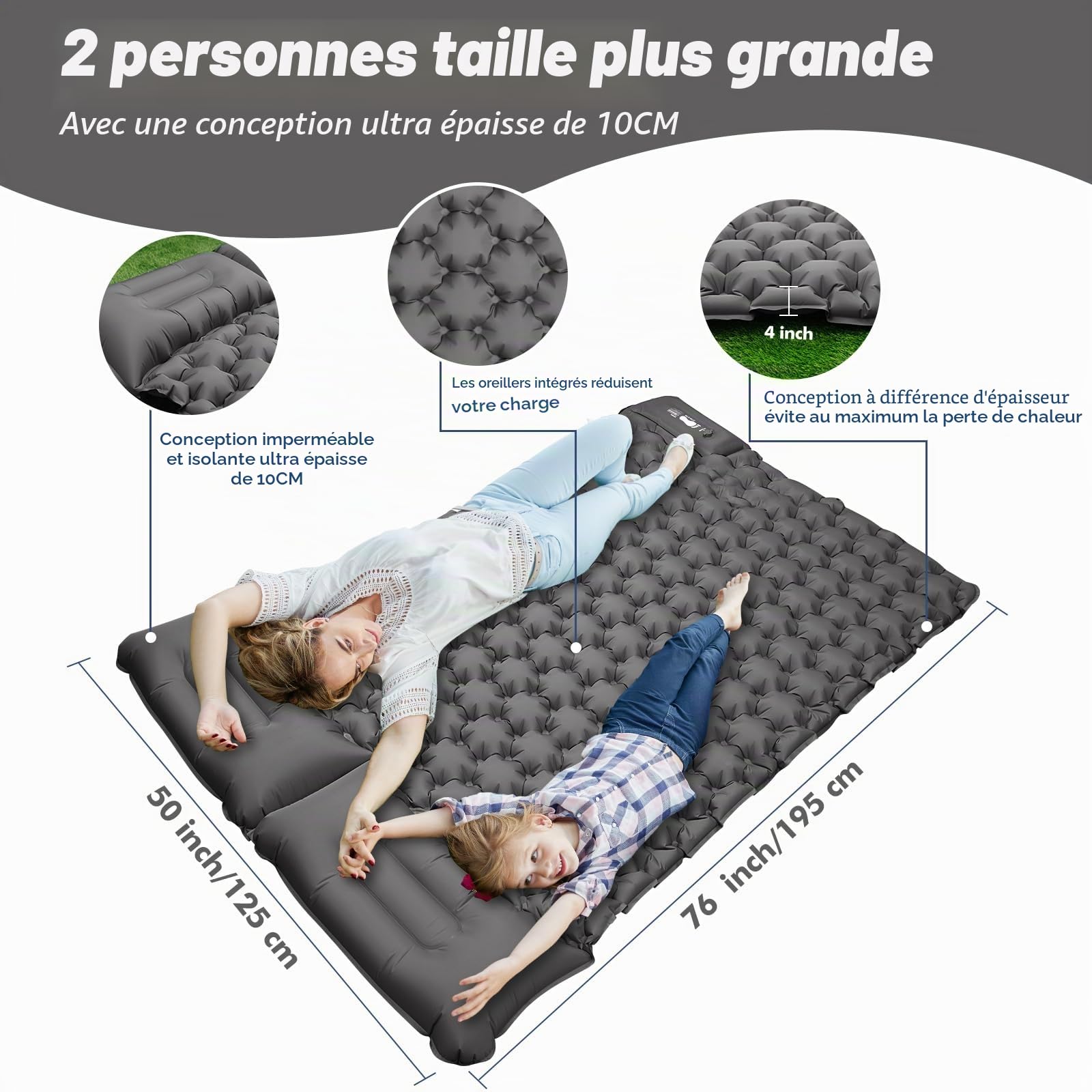 LAMA Double Matelas Isolant de Camping Gonflable pour 2 Personnes 200 * 140 * 10 cm Tapis de Couchage Ultra léger avec Pompe à air Coussin Presse à Pieds pour Camping, randonnée, Tente, Plage, Gris