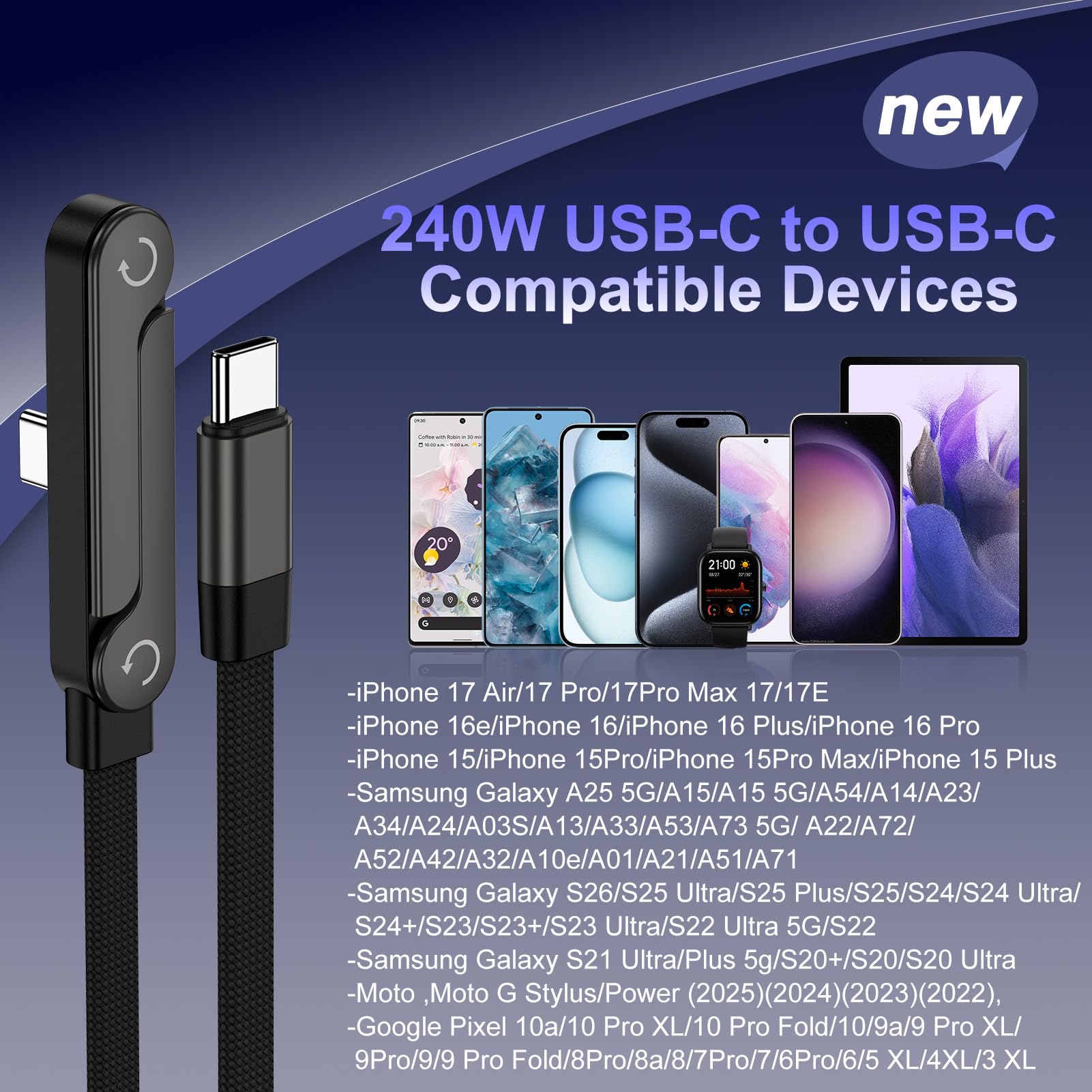 Cavo USB di tipo C di ricarica rapida 240w 1,5 m con supporto invisibile | Cavo USBC a forma di T con cavalletto pieghevole ad angolo di 90°, cavo di ricarica piatto per Samsung Galaxy S26 Ultra S25