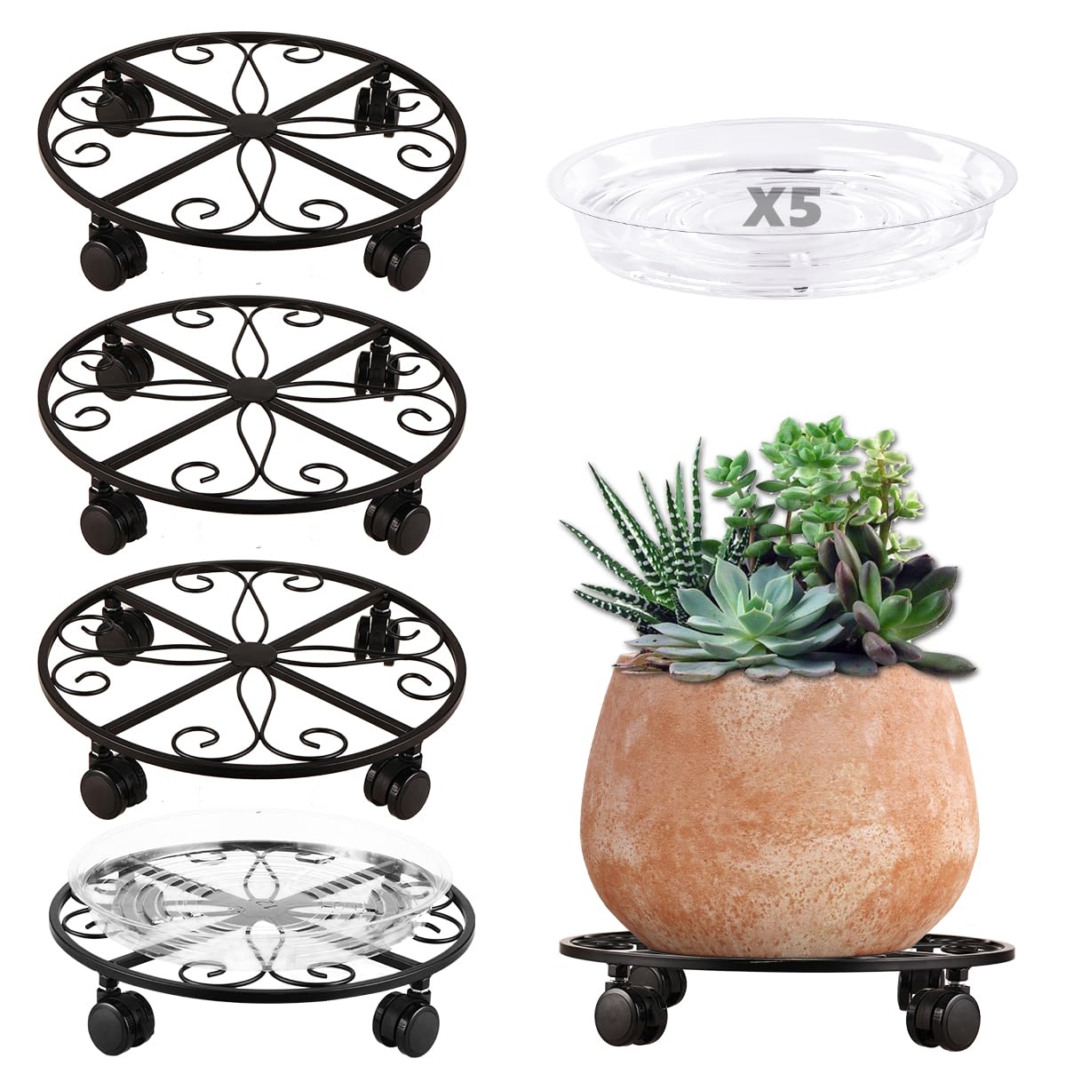 5 Pack Plant Caddy with Wheels Heavy Duty 12 Inches Metal Plant Stand on Wheels Plant dolly Rolling Plant Stand Plant Roller with Casters for Indoor and Outdoor with 5 Pack Plant Saucers, Black