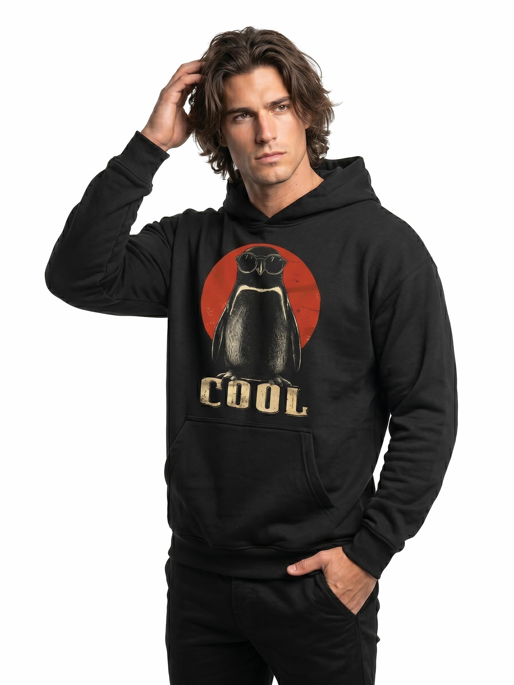 MAKAYA bluza z kapturem męska z motywem pingwina zabawny hoodie z nadrukiem zwierzęta cool styl casual